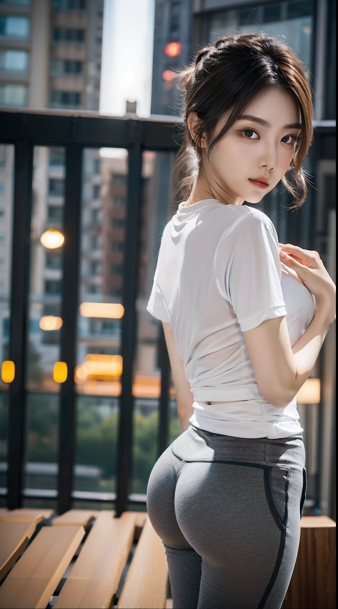 Chinese woman in the evening on the roof of a high-rise building、fluffy hair、delicated face、with light glowing、Real Girl、Large aperture、Gray Yoga Pants、tight trousers、White short sleeve yoga shirt、Close Shot、plumw、a little fat、is standing、frontage、