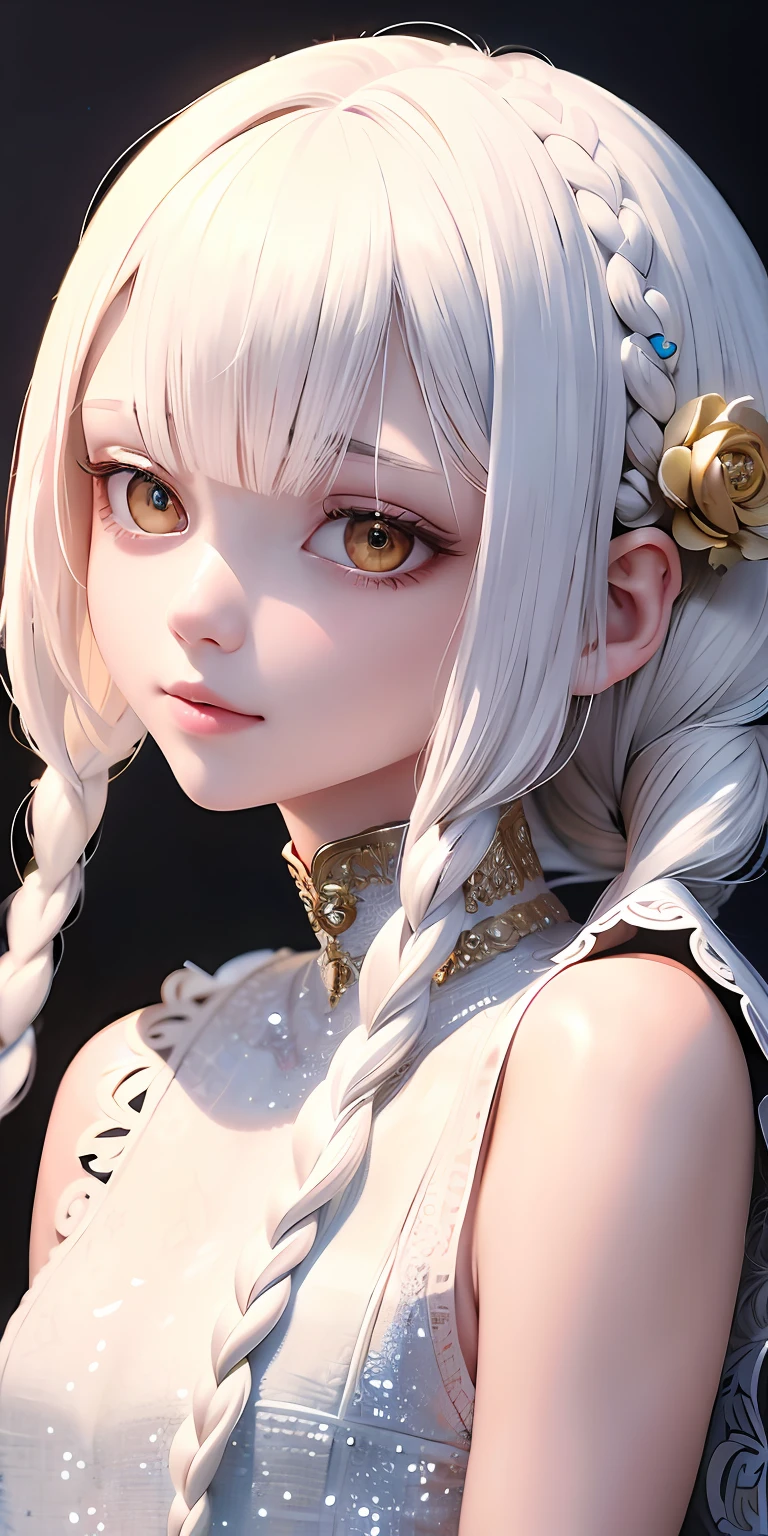 best quality, masterpiece,white hair, gold eyes,white clothes, looking up, upper body,hair strand,Fair skin,side braids