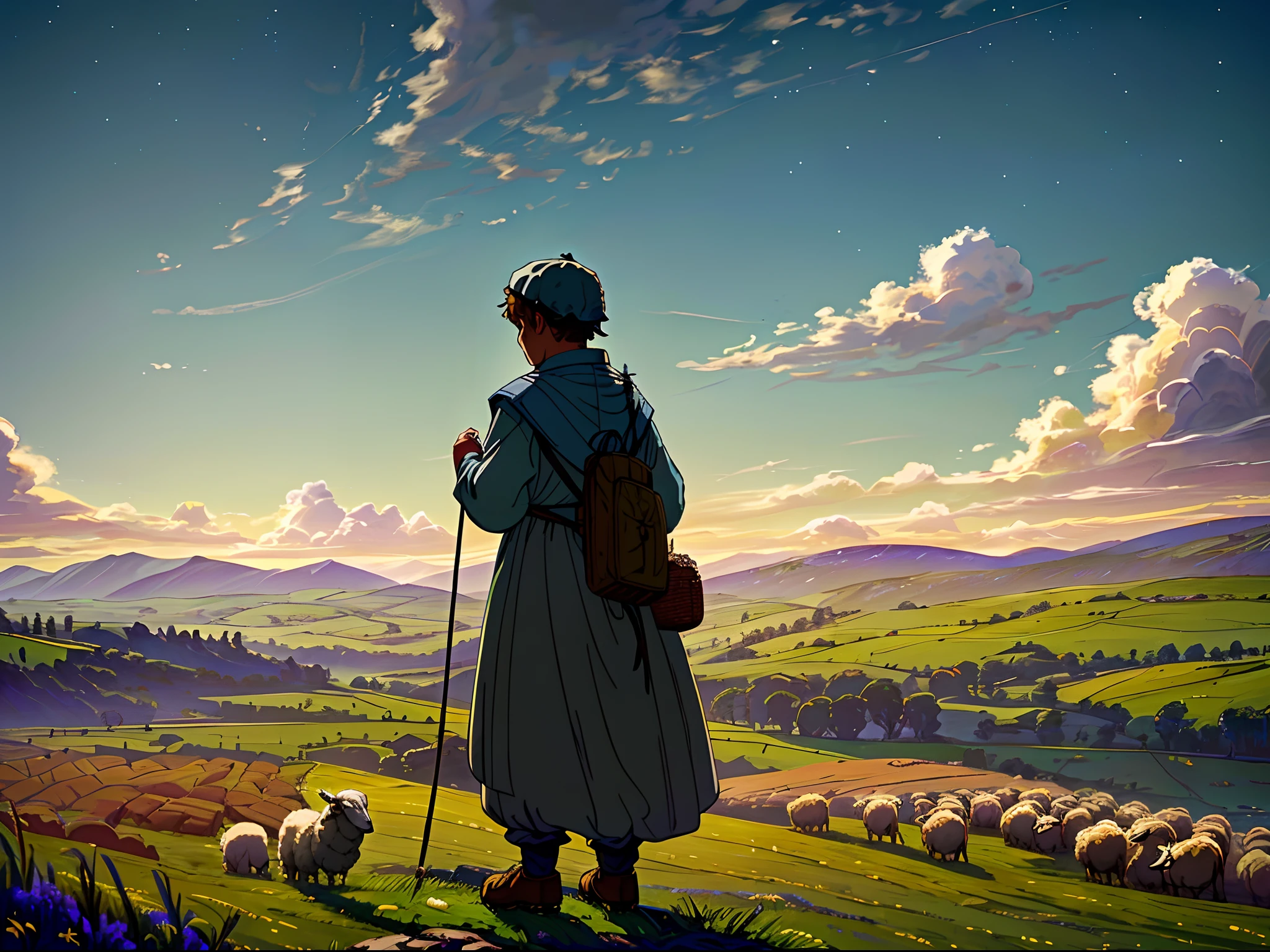 pecora, (Shepherd Boy Playing:1.3), Sheep sleeping on a full stomach, Flaxen sky, Pasture, Schools, Soft volume light, (Back lighting:1.3), (movie:1.2), intricate detailes, (art stations:1.3), (masutepiece:1.3, Best Quality, hight resolution, 8K, Super Detail, high details, Anatomically correct, nffsw)