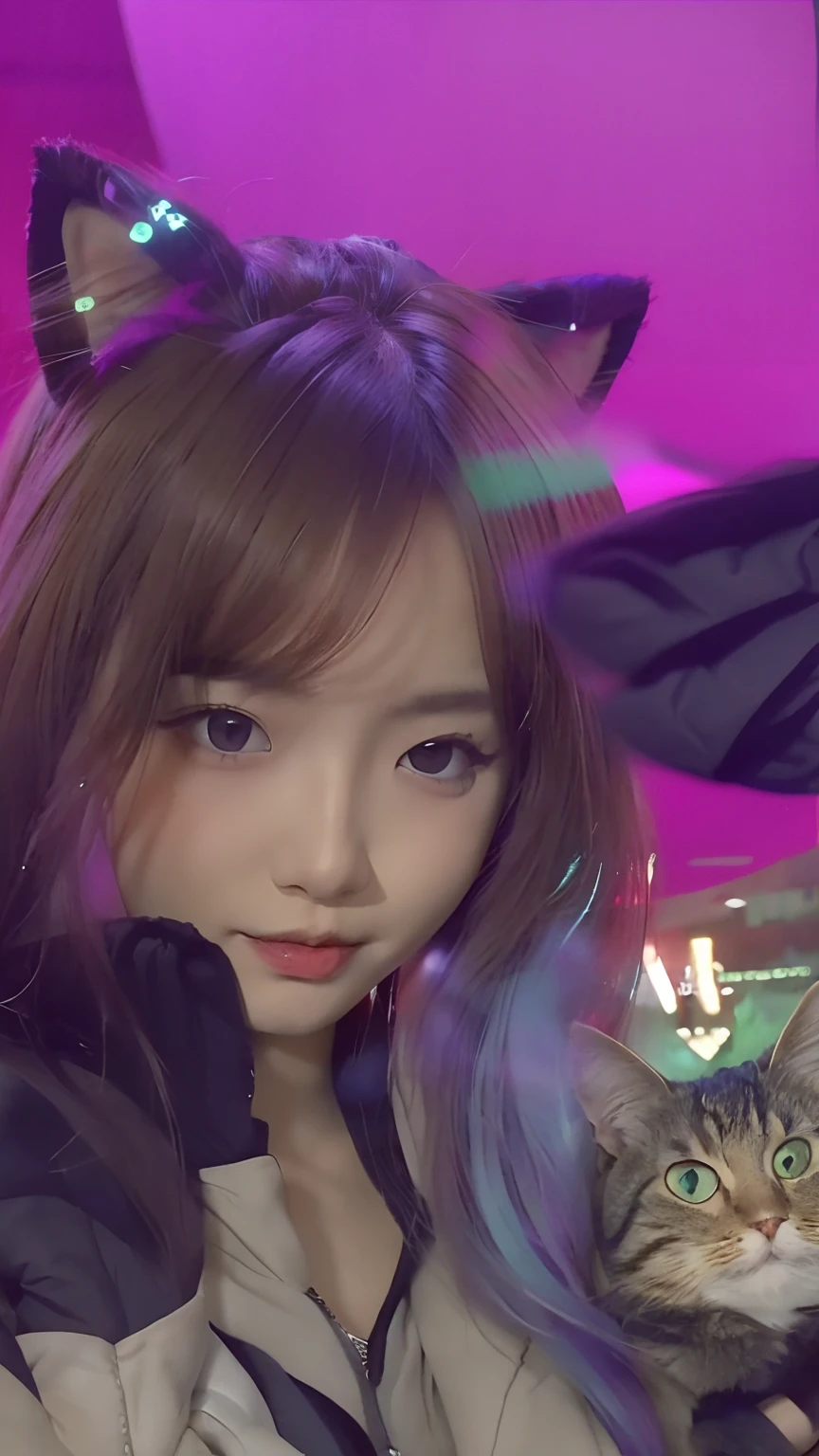 there is a girl with a cat in her hand and a picture of a cat, seraphine ahri kda, lalisa manobal, ig model | artgerm, with glowing purple eyes, like artgerm, artwork in the style of guweiz, 8k artgerm bokeh, anime style. 8k, ahegao