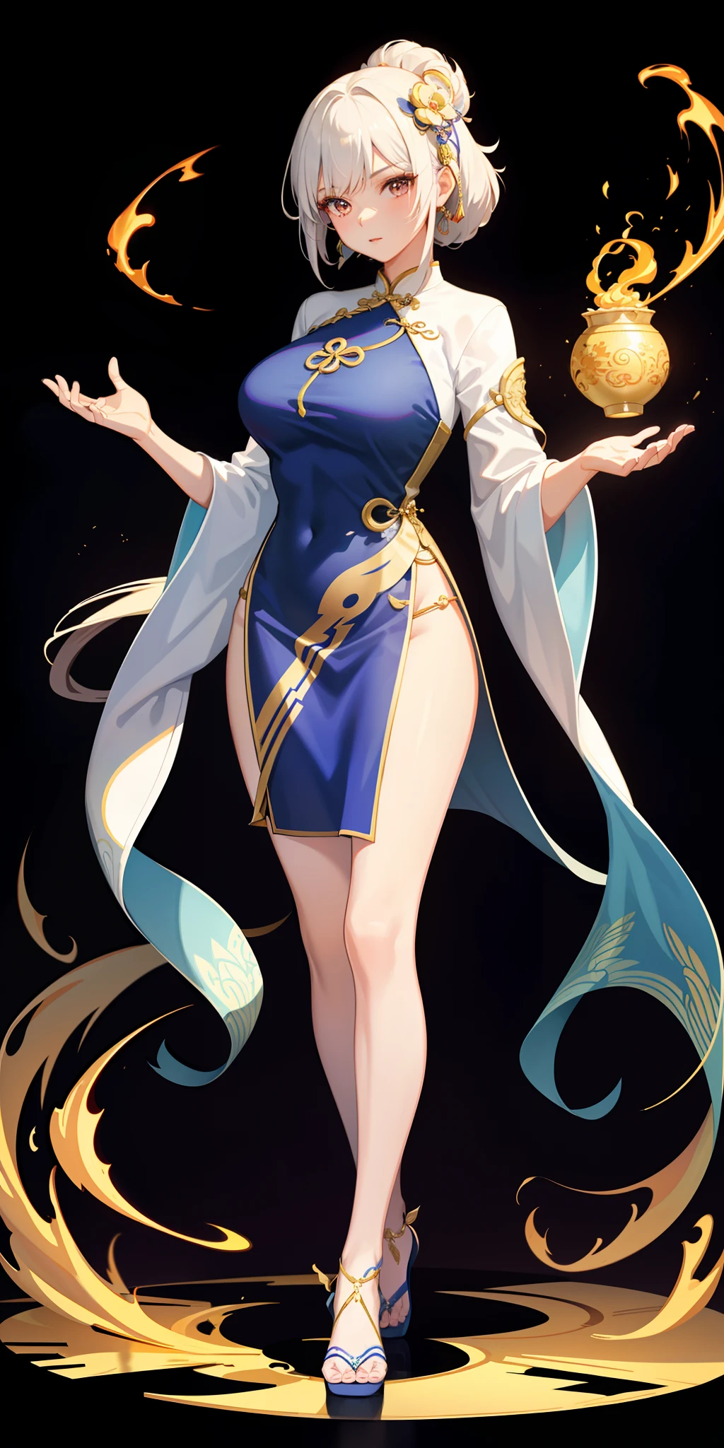 1girll, on cheongsam,Raised sexy,big breasts beautiful,Magic Girl,Control lightning,Taoist robes,enchanted,delicated face, Extremely beautiful,Oriental Immortal Cultivation Legend,Fairy beauty,Full body display,Perfect details,extreme hight detail,ultra intricately detailed