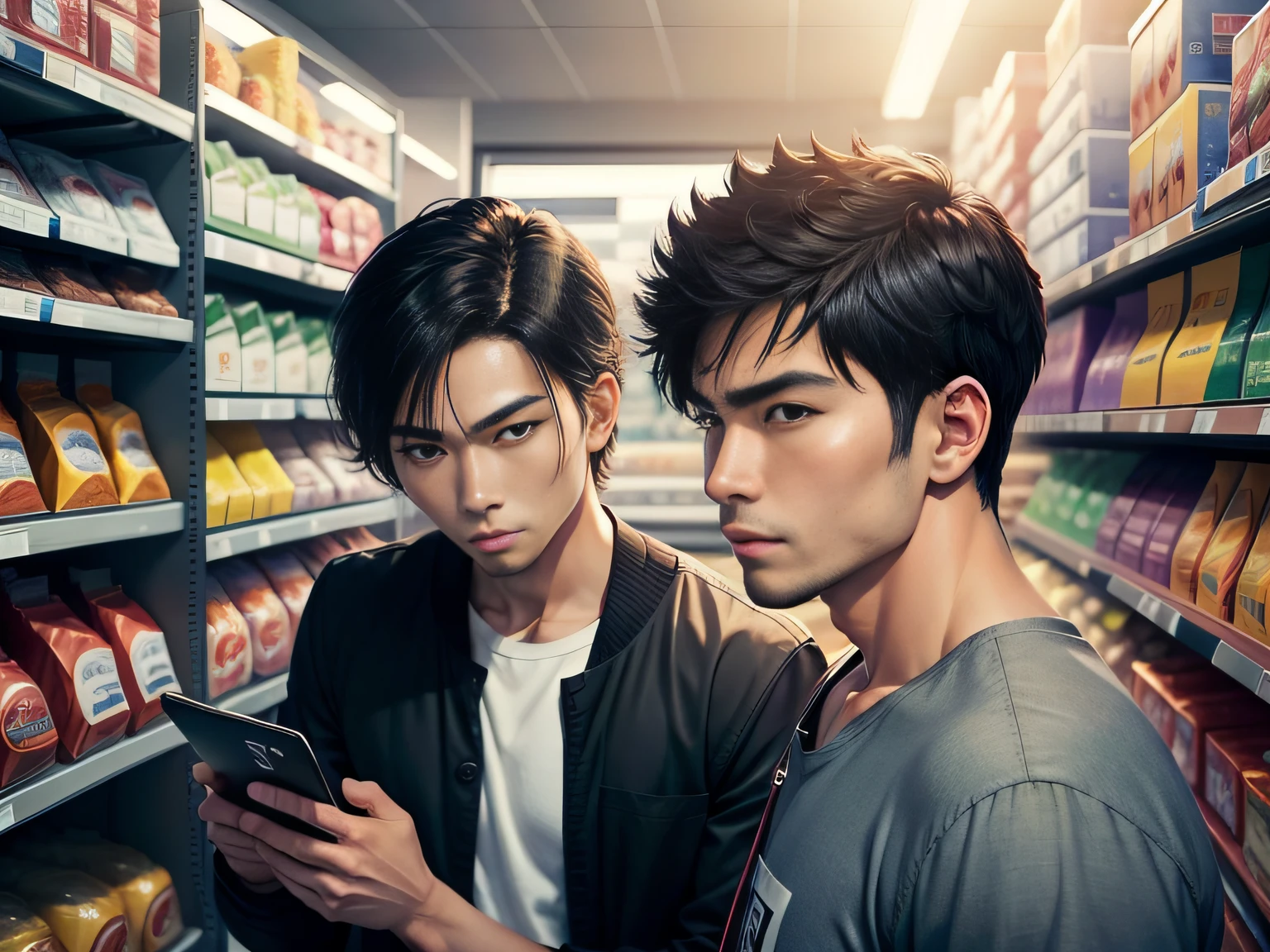 Male with 2 Asian faces，Shop for car supplies in casual wear at the auto supply supermarket，sface focus，Extreme depiction of facial detail