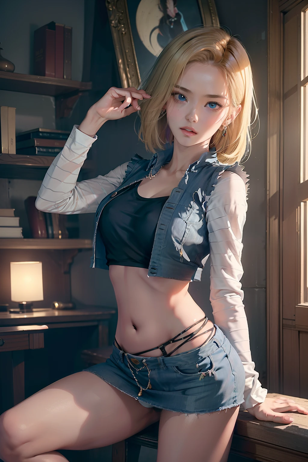 (highly detailed back ground:1.0)、(highly detailed back ground:1.0)、absurderes、((masterpiece:1.2、top-quality))、ultra-detailliert、Ultra-precise depiction、Ultra-detailed depiction、top-quality、ighly detailed、(dynamicposes)、(Photorealsitic:1.4)、Official art、Unity 8k壁纸、Beautifully Aesthetic、looking at the viewers、1womanl、Wide waist、(shinny skin)、Many colors、dynamic ungle、Most Beautiful Form of Chaos、elegent、Brutalist design、 romanticism, deep-shadows,Legs are raised and white panties are visible、 Unobtrusive, Looks Back, android_18, and18, 18 with, 1girl in, Android 18, 独奏, blonde hair, blue eyess, shorth hair, Beautiful belly button、beautiful thigh、Beautiful udder、耳Nipple Ring, jewely, Denim Vest, open vest, Raw feet, Black shirt, Denim skirt, Striped long sleeves, a blue skirt,