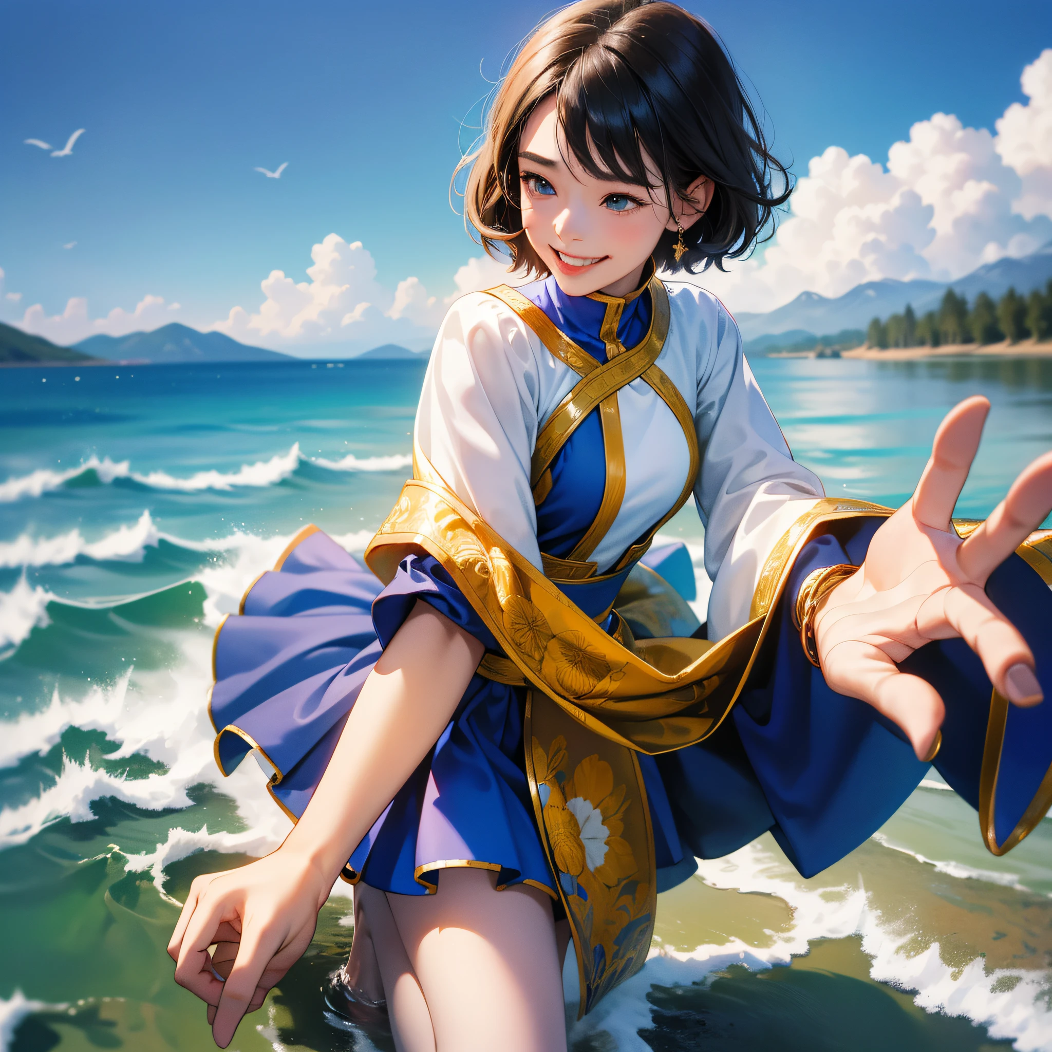in 8K、top-quality、masterpiece:1.2)、1人の女性、(Smiling smile:1.1)、beautidful eyes、Valley、The upper part of the body、shorth hair、Like a boy 、Quirk hair、short-cut、
