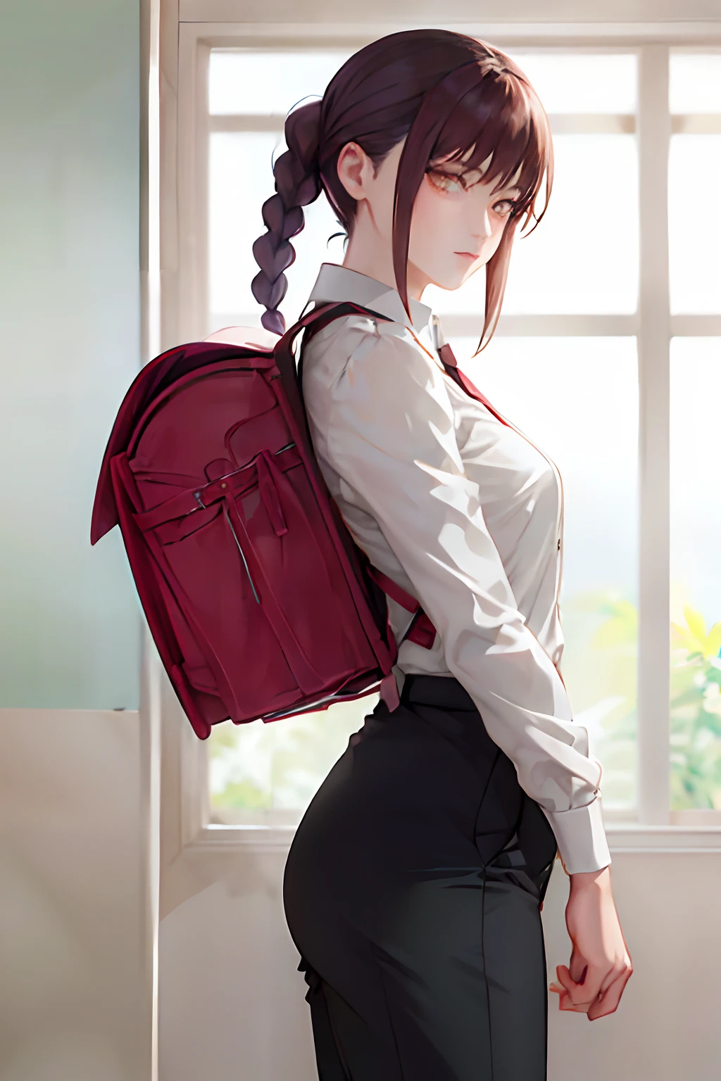 masterpiece, best quality, ultra-detailed, Potrait of beautiful MakimaCSM, solo, shirt, long_sleeves, white_shirt, collared_shirt, pants, from_behind, arms_behind_back, black_pants, formal, suit, arm_behind_back, shirt_tucked_in, facing_away, office_lady, business_suit, high-waist_pants, wearing randoseru backpack, side view, (randoseru backpack:1.0), volumetric lighting, best quality, masterpiece, intricate details, tonemapping, sharp focus, hyper detailed, trending on Artstation,