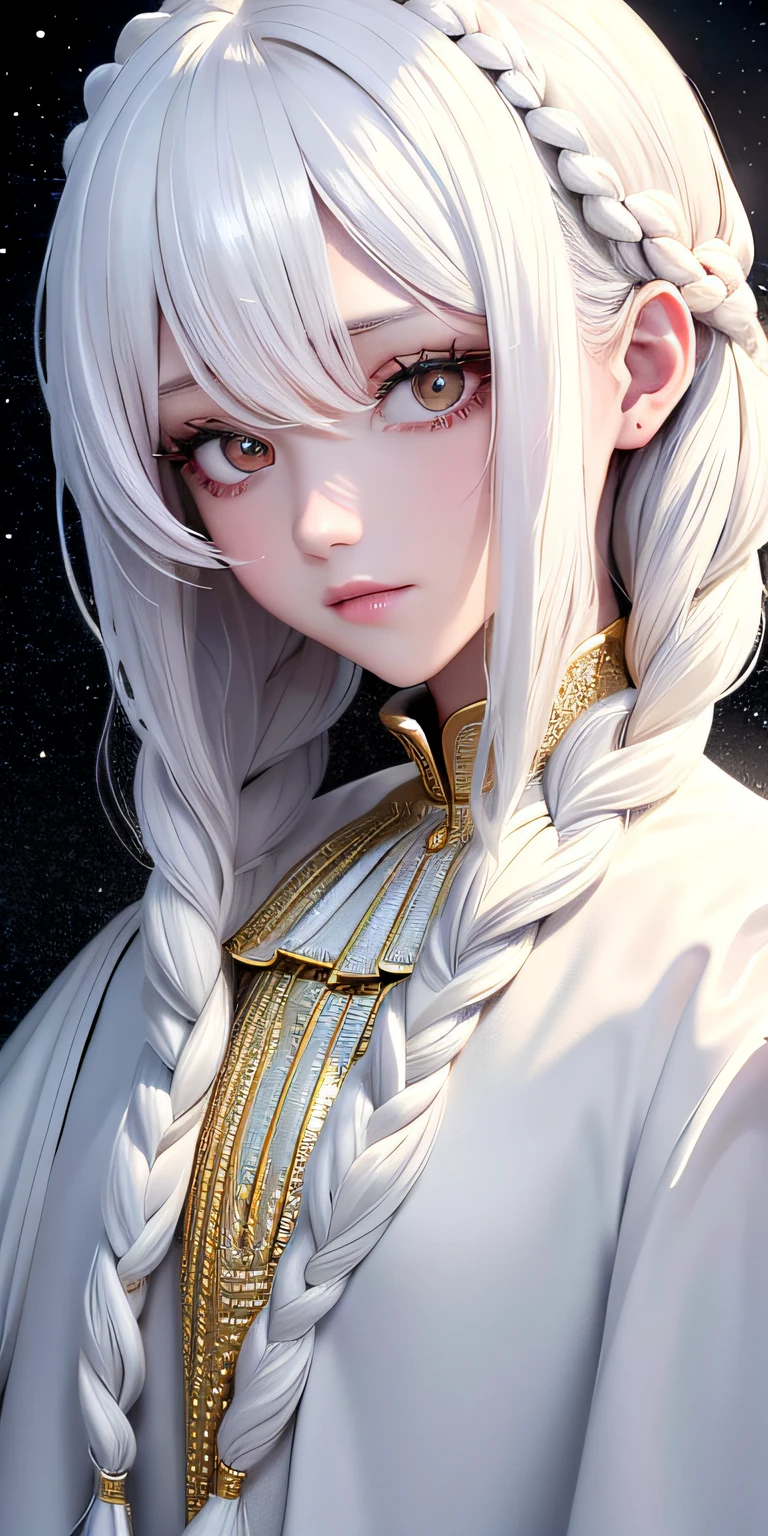 best quality, masterpiece,white hair, gold eyes,white clothes, looking up, upper body,hair strand,Fair skin,side braids