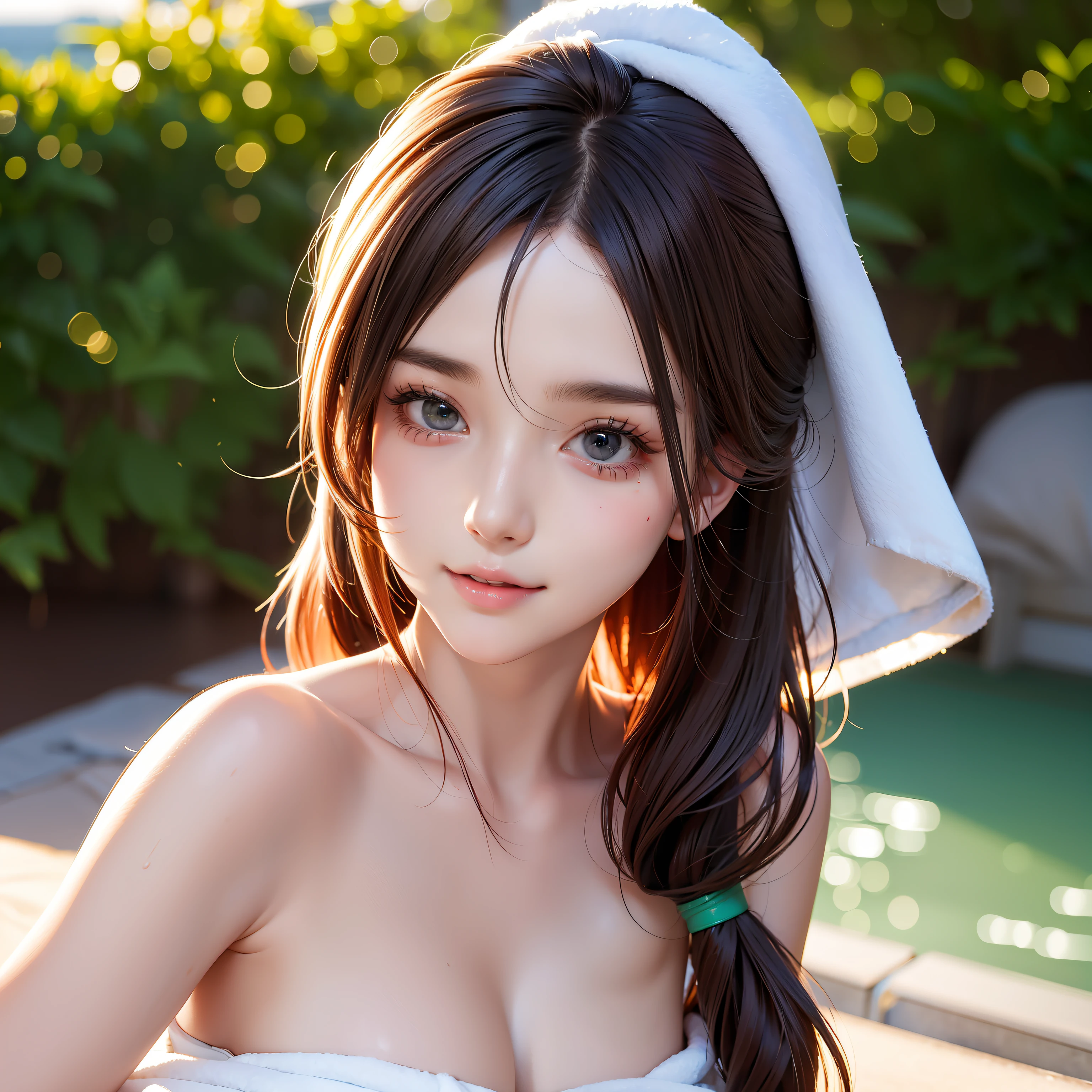 Pretty girl with beautyfull face covering her body with towel, covering her hair with small towel, long loose hair, mix green and red hair, oppai, stunning sexy photoshot, big breasts, korean model, beautifull korean girl, breast proportion, body proportions, nose proportions, lips proportions, cute face, sweet smile, masterpiece, realistic, bokeh, 4k, 8k, toothbrush inside mouth,
