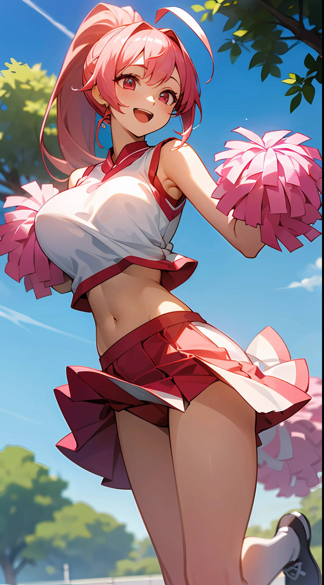 1 girl, game CG, sleeveless white cheerleader, lower breasts visible, navel visible, short red skirt, gigantic breasts, pink hair, long hair, ponytail, princess hairstyle, ahoge, pink eyes, out of school , blue sky, tree, jump, smile, open mouth,