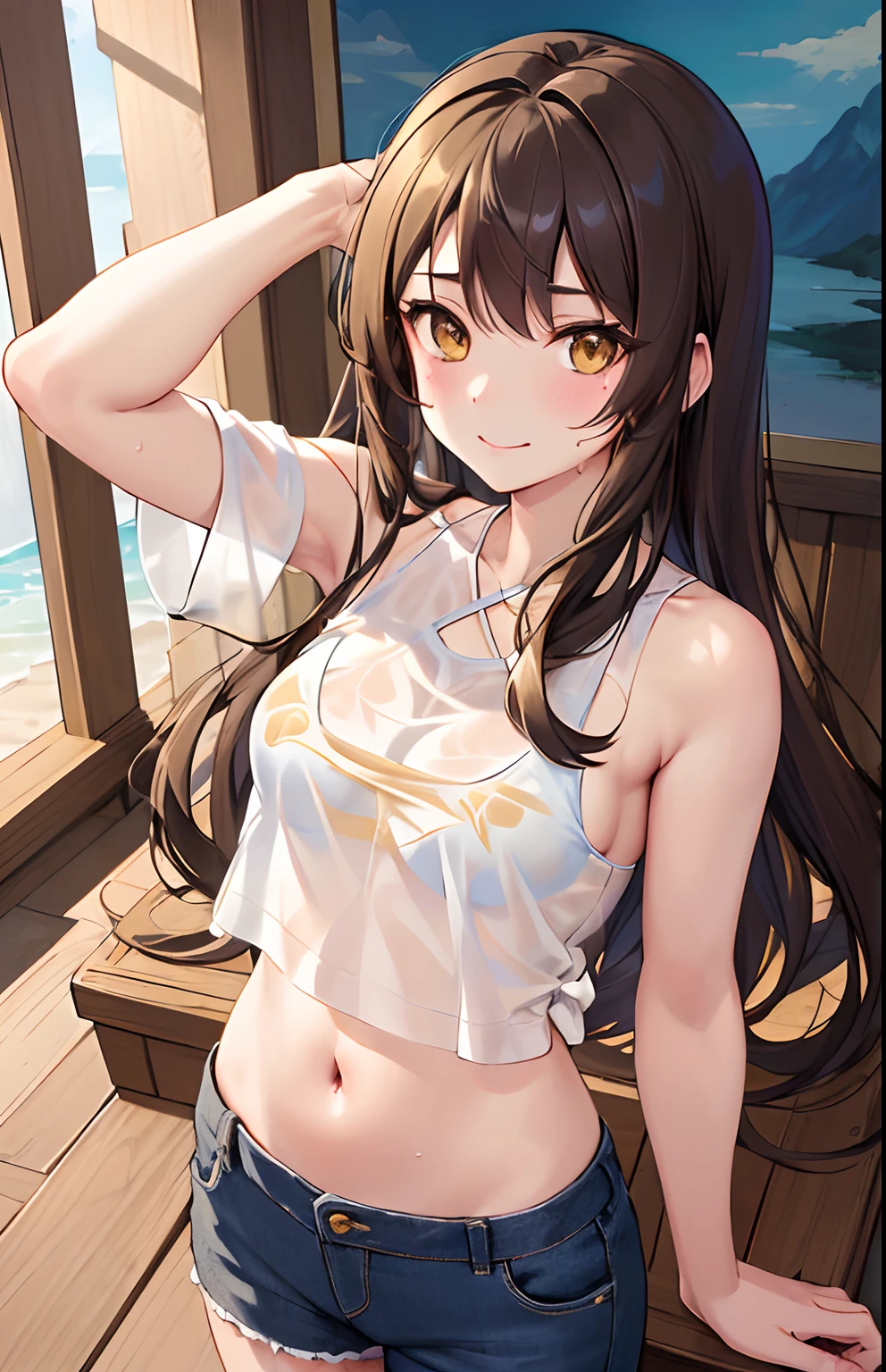 masterpiece, best quality, ultra-detailed, illustration, 1girl, ((looking at viewer)), (cowboy shot), smile,light brown hair, yellow eyes,hair between eyes,
Soaking Wet Clothes And Hair, See-Through Tank Top, Navel, Short Pants, Looking Up The Sky, Brilliant Colorful Paintings