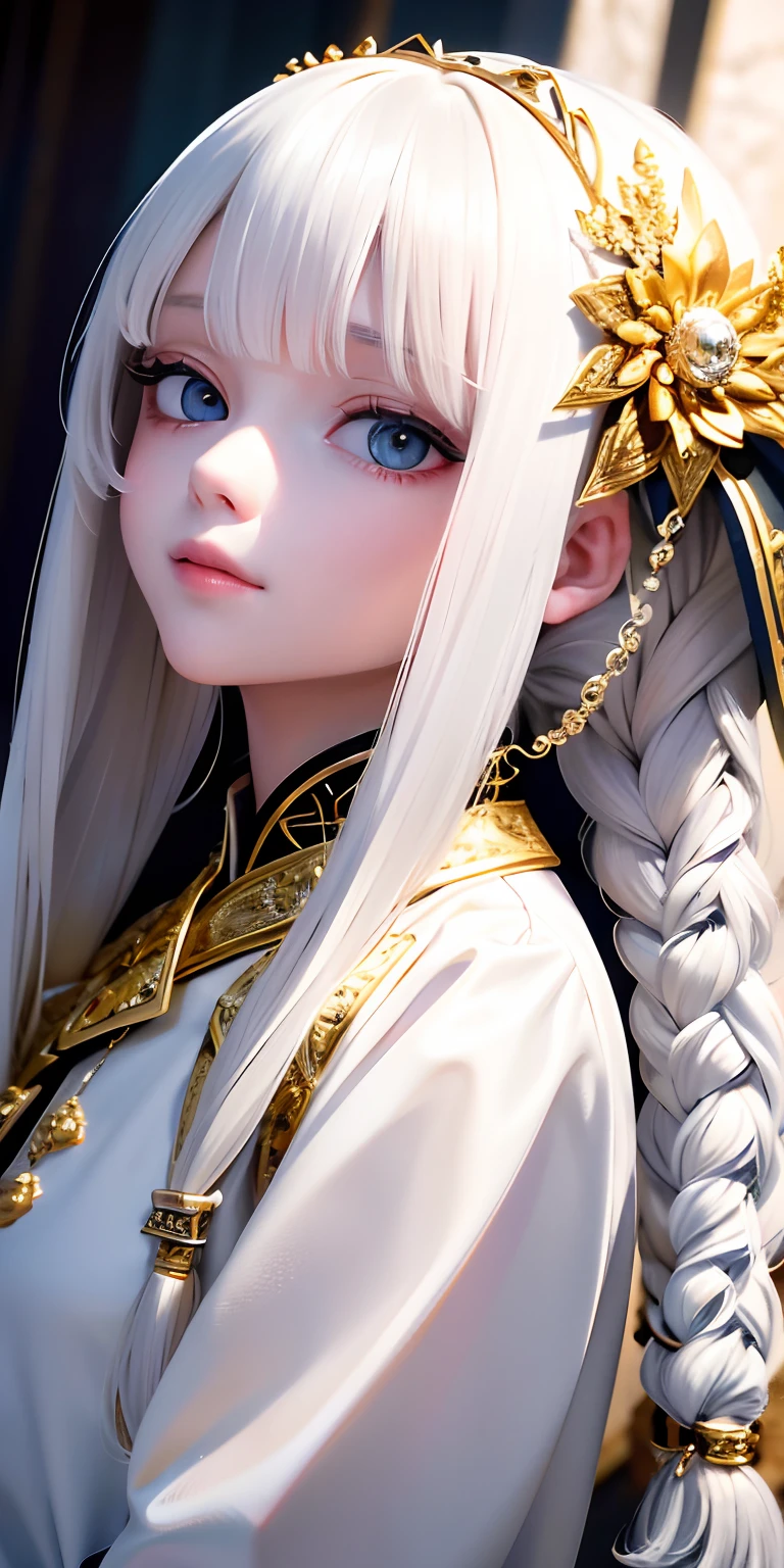 best quality, masterpiece,white hair, gold eyes,white clothes, looking up, upper body,hair strand,Fair skin,side braids