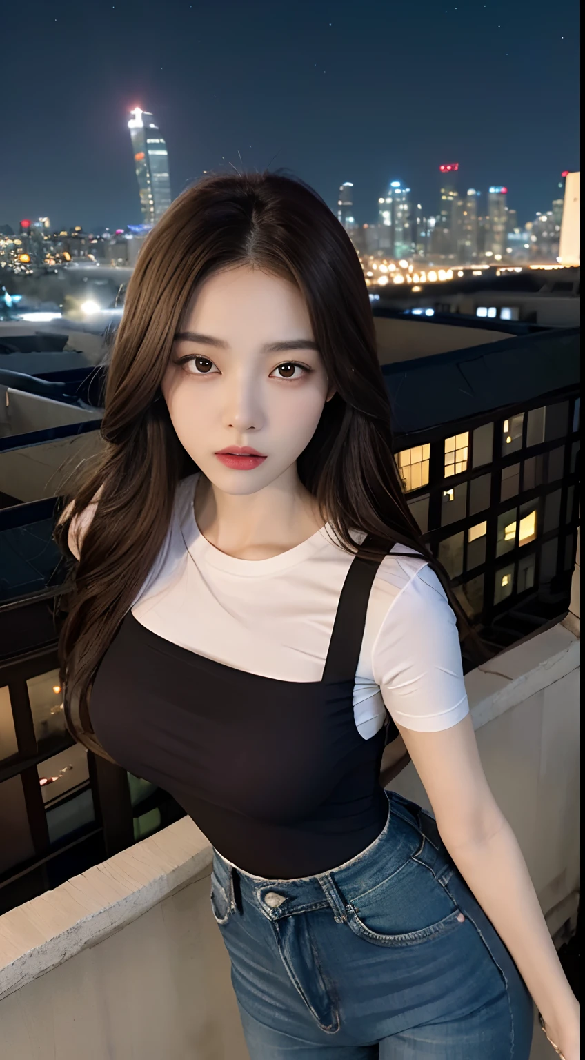 ((Midnight, Best quality, 8k, Masterpiece :1.3)), Whole body, Long legs, Sharp focus :1.2, A pretty woman with perfect figure :1.4, Slender abs :1.1, ((Dark brown hair, Big breasts :1.2)), (White tight tshirt, Jean bib, Standing:1.2), ((Night city view, Rooftop:1.3)), Highly detailed face and skin texture, Detailed eyes, Double eyelid