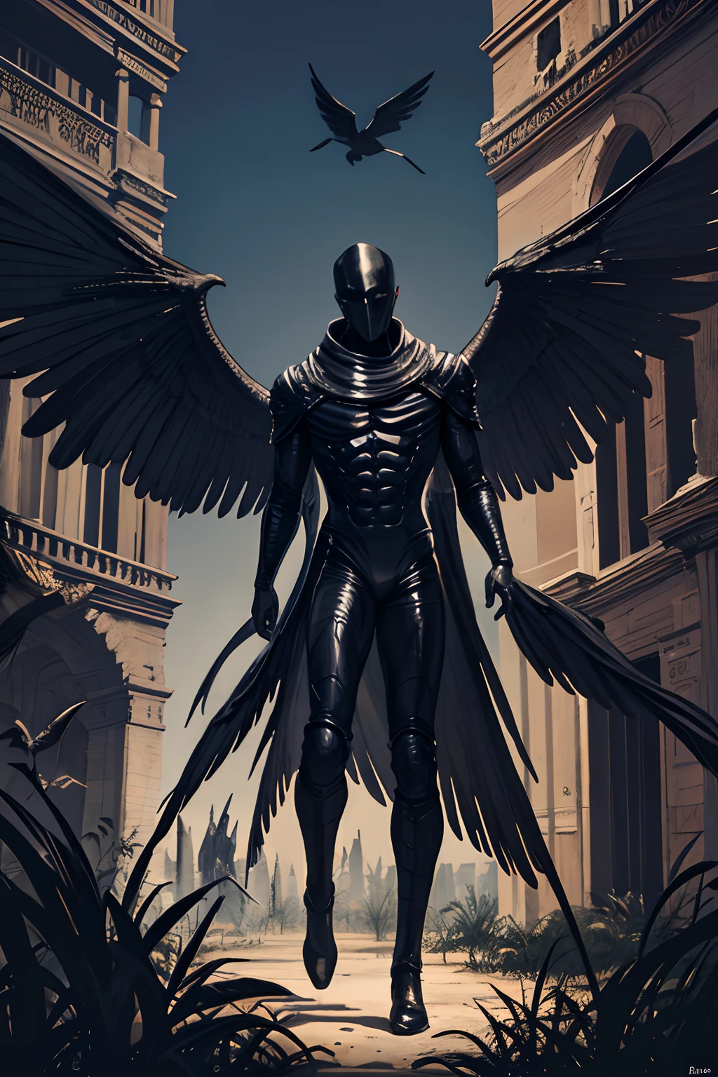 painting of a black (noir) faceless humanoid man with wings, semi naked, in a colorful garden, winged human, giant wings, horror entity with wings, male aeromorph, symmetrical epic dark fantasy creature, huge wings, wispy gigantic wings, dark feathered wings, winged boy, massive wing, (best quality), (masterpiece), no armor,