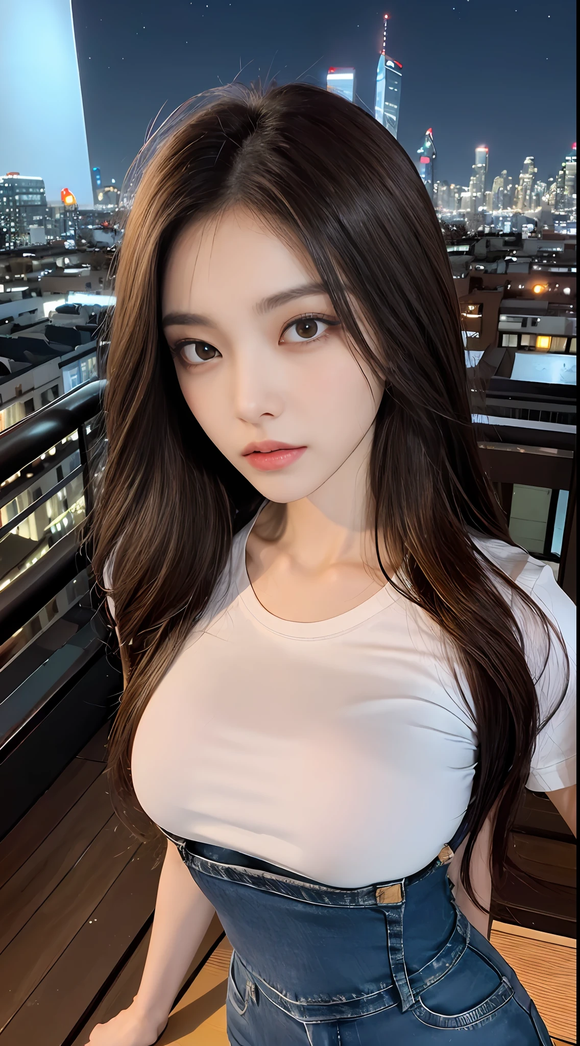 ((Midnight, Best quality, 8k, Masterpiece :1.3)), Whole body, Long legs, Sharp focus :1.2, A pretty woman with perfect figure :1.4, Slender abs :1.1, ((Dark brown hair, Big breasts :1.2)), (White tight tshirt, Jean bib, Standing:1.2), ((Night city view, Rooftop:1.3)), Highly detailed face and skin texture, Detailed eyes, Double eyelid