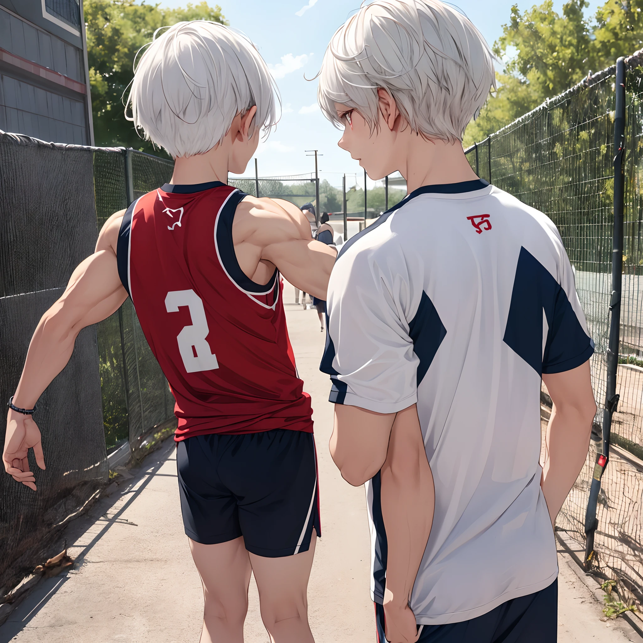 White hair,Red eyes,Little Shota,Sports wear,Lower,The back is full of muscular men