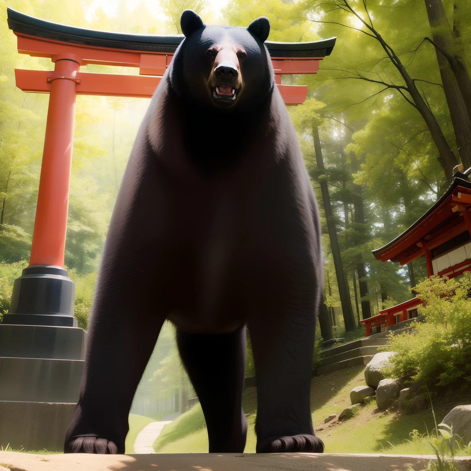 ((Black bear)), in woods、shrines、(Red torii gate)、 plein air, Natural light,((Realism: 1.2)), dynamic far view shot,Cinematic lighting, Perfect composition, ultra-detailliert, Official art, masutepiece, (Best Quality:1.3), Reflectors, the Extremely Detailed CG Unity 8K Wallpapers, Detailed background, masutepiece, Best Quality, (masutepiece), (Best Quality:1.4), (超A high resolution:1.2), (hyper realisitic:1.4), (Photorealistic:1.2), Best Quality, High quality, hight resolution, Detail Enhancement,