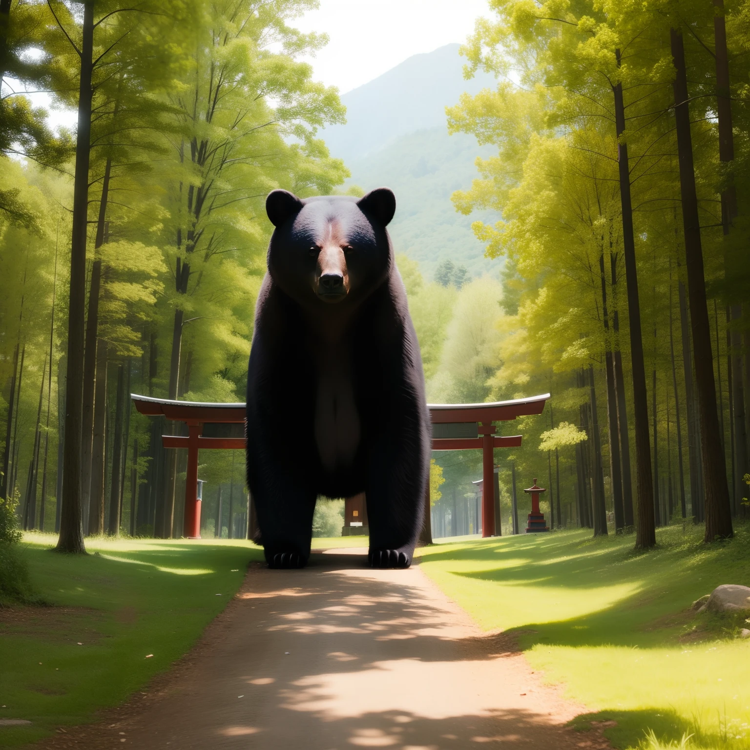 ((Black bear)), in woods、shrines、(Red torii gate)、 plein air, Natural light,((Realism: 1.2)), dynamic far view shot,Cinematic lighting, Perfect composition, ultra-detailliert, Official art, masutepiece, (Best Quality:1.3), Reflectors, the Extremely Detailed CG Unity 8K Wallpapers, Detailed background, masutepiece, Best Quality, (masutepiece), (Best Quality:1.4), (超A high resolution:1.2), (hyper realisitic:1.4), (Photorealistic:1.2), Best Quality, High quality, hight resolution, Detail Enhancement,