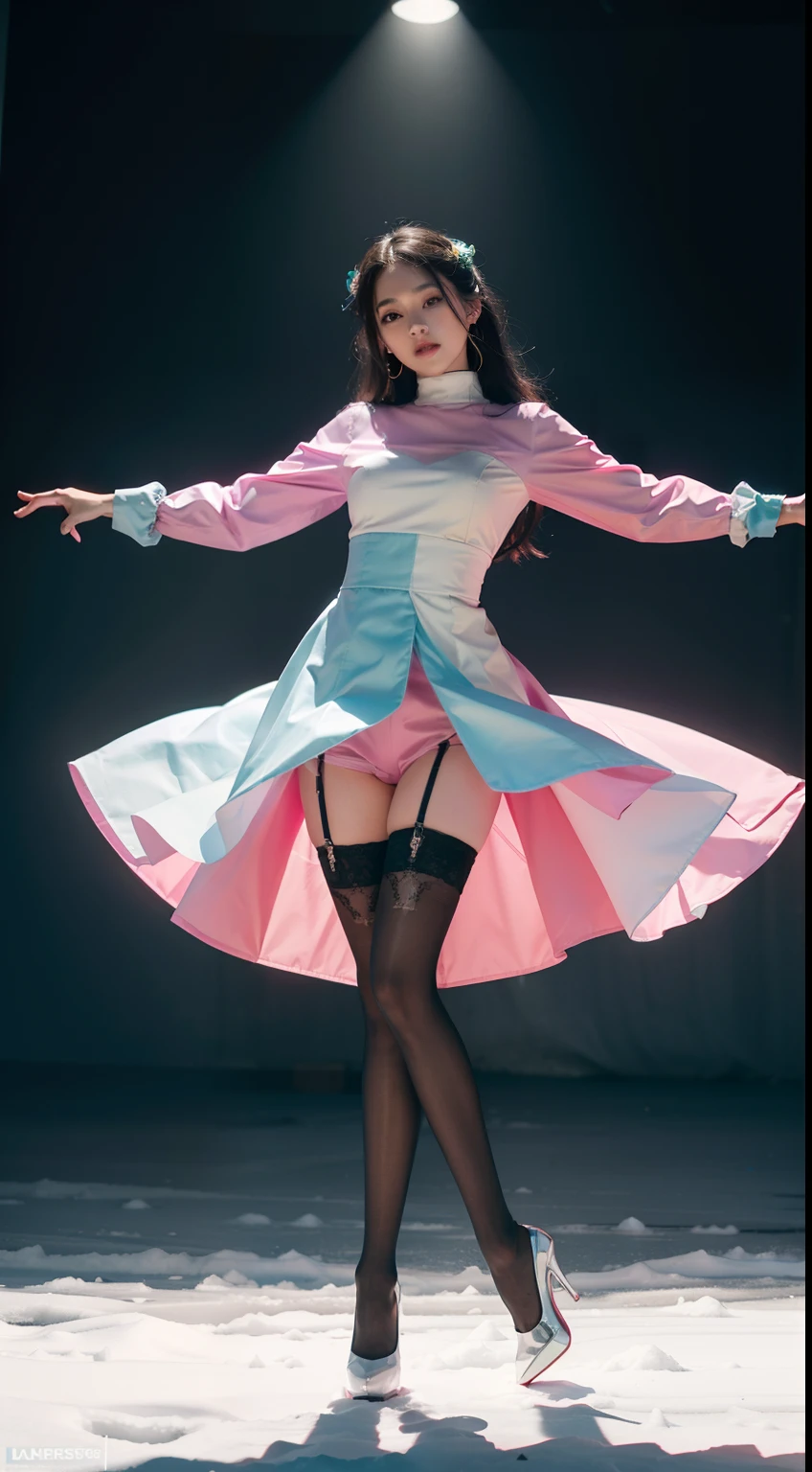 (full body:1.5),(looking at viewer:1.4), (Wearing stockings, high heels, and full body suit:1.2), (Dance on top of snowy mountains:1.2),(In pink|amarelo|blue colors|green color|red colour|white colors|black in color|purpleish color|greys|Beige|Flesh color 1.4),(Accurate and perfect face:1.4),A shallow laugh,,hyper HD, Ray traching, reflective light,structurally correct, Award-Awarded, high detal, lightand shade contrast, Face lighting,cinmatic lighting, tmasterpiece, super detailing, high high quality, high detal, best qualityer, 16k,high contrast,