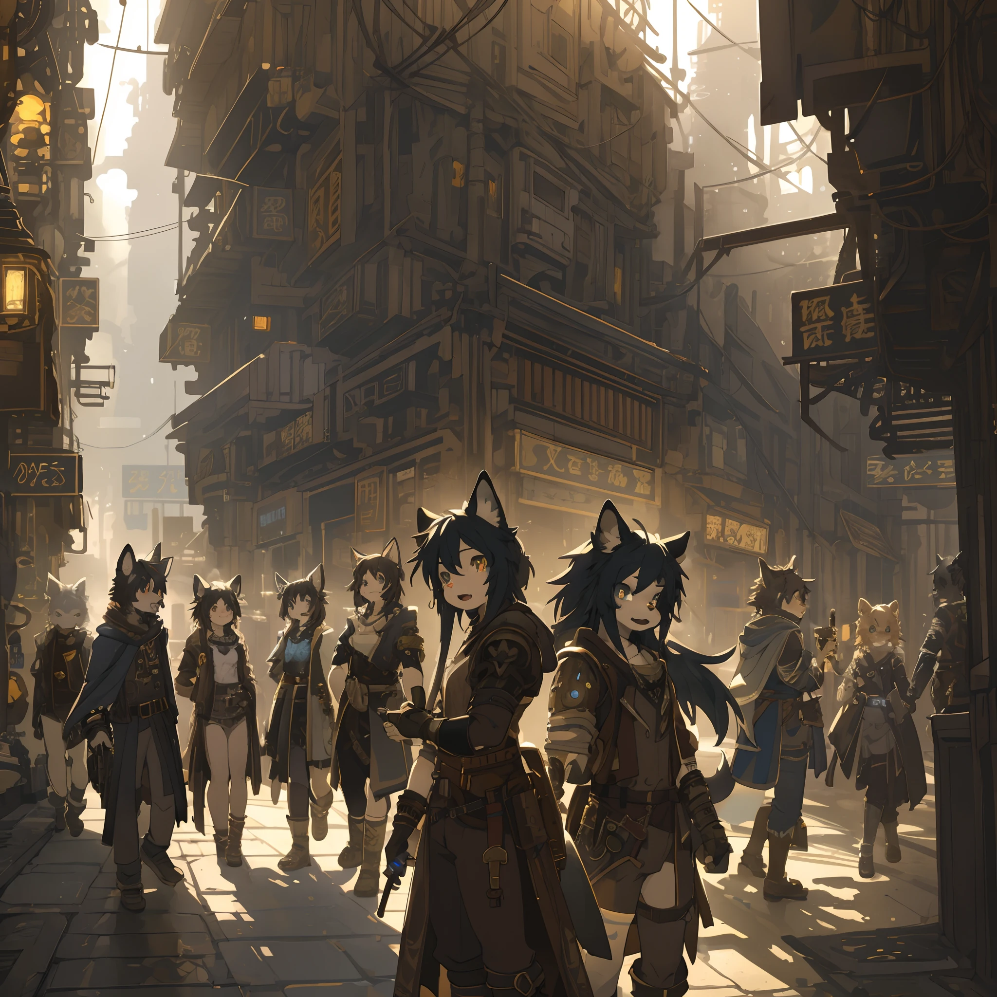 top quality, best quality, High-quality illustrations, masterpiece, super high resolution, detailed background, Dark Fantasy, Cyberpunk, steam punk, 6+boys, 6+girls, absurdres(highly detailed beautiful face and eyes)perfect anatomy, expression, good lighting, cinematic shadow(kemono, furry anthro)assorted poses, dynamic angle, panel layout,