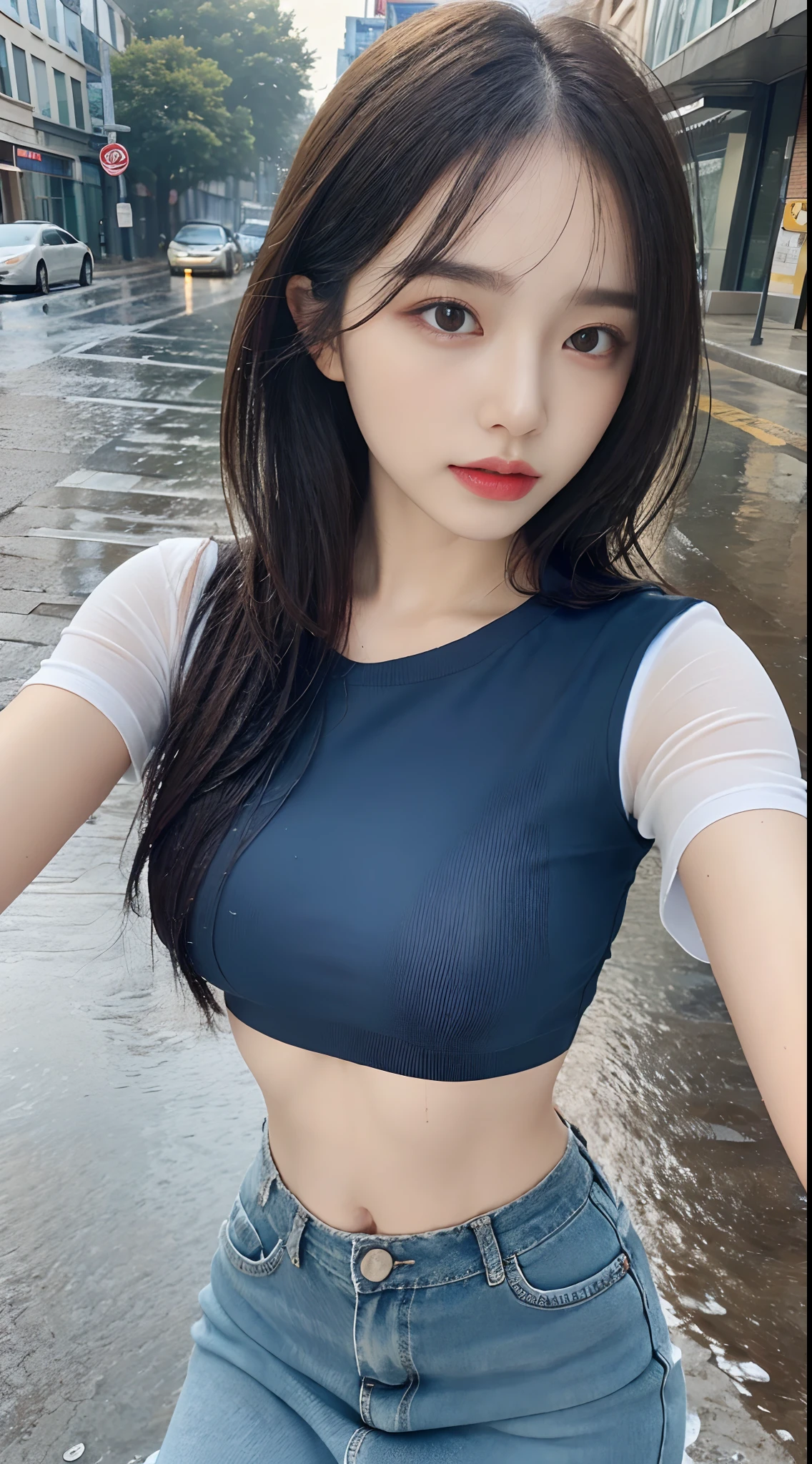 ((Best Quality, 8k, Masterpiece: 1.3)), Focus: 1.2, Perfect Body Beauty: 1.4, Buttocks: 1.2, ((Layered Haircut, Beautiful Breasts: 1.2)), (Wet Clothes: 1.1) , (Rain, Street:1.3), Colorful Short T-Shirt: 1.1, Short Skirt, Open Belly Button, Highly Detailed Face and Skin Texture, Fine Eyes, Double Eyelids, Whitened Skin, Long Hair