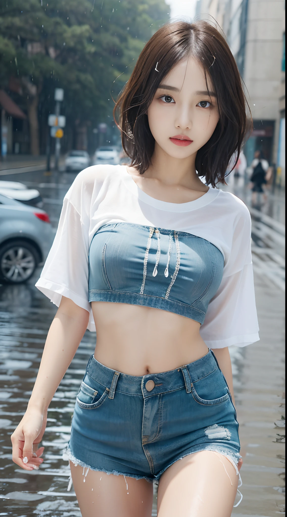 ((Best Quality, 8k, Masterpiece: 1.3)), Focus: 1.2, Perfect Body Beauty: 1.4, Buttocks: 1.2, ((Layered Haircut, Beautiful Breasts: 1.2)), (Wet Clothes: 1.1) , (Rain, Street:1.3), Colorful Short T-Shirt: 1.1, Short Skirt, Open Belly Button, Highly Detailed Face and Skin Texture, Fine Eyes, Double Eyelids, Whitened Skin, Long Hair