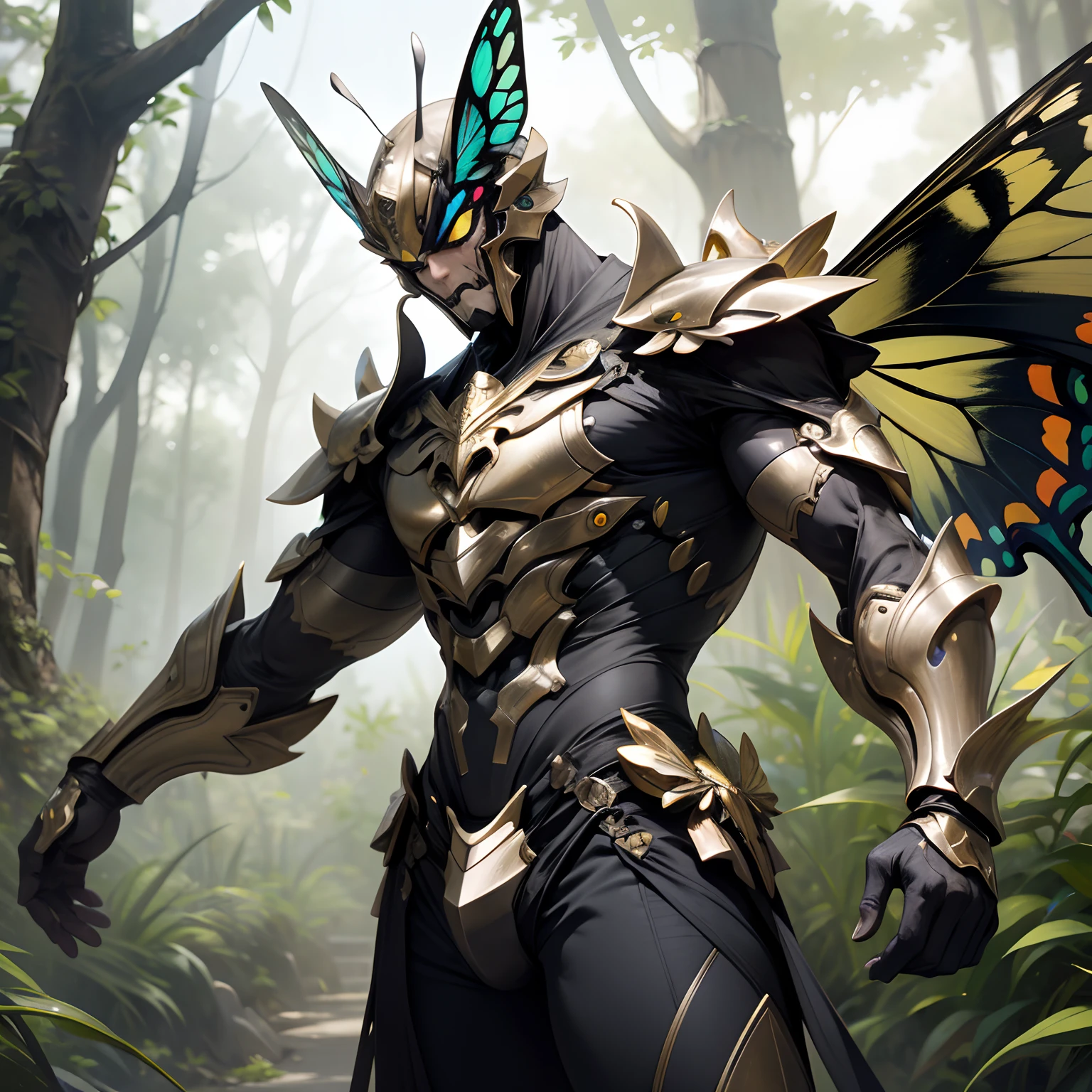 Insect humans、Swallowtail Butterfly Man、terrifying、Slender Macho Body、Wearing metal armor、large plumage、
