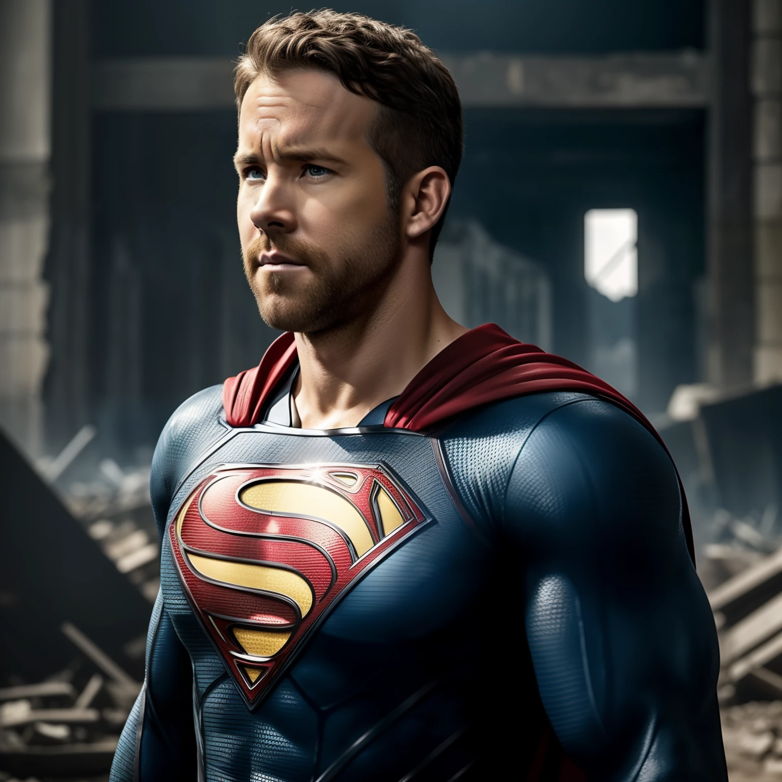 Ryan Reynolds' face as a dark superman with big wavy hair looking at the 8k camera Serious face with an air of hatred in a devastated post-war setting with several ruins