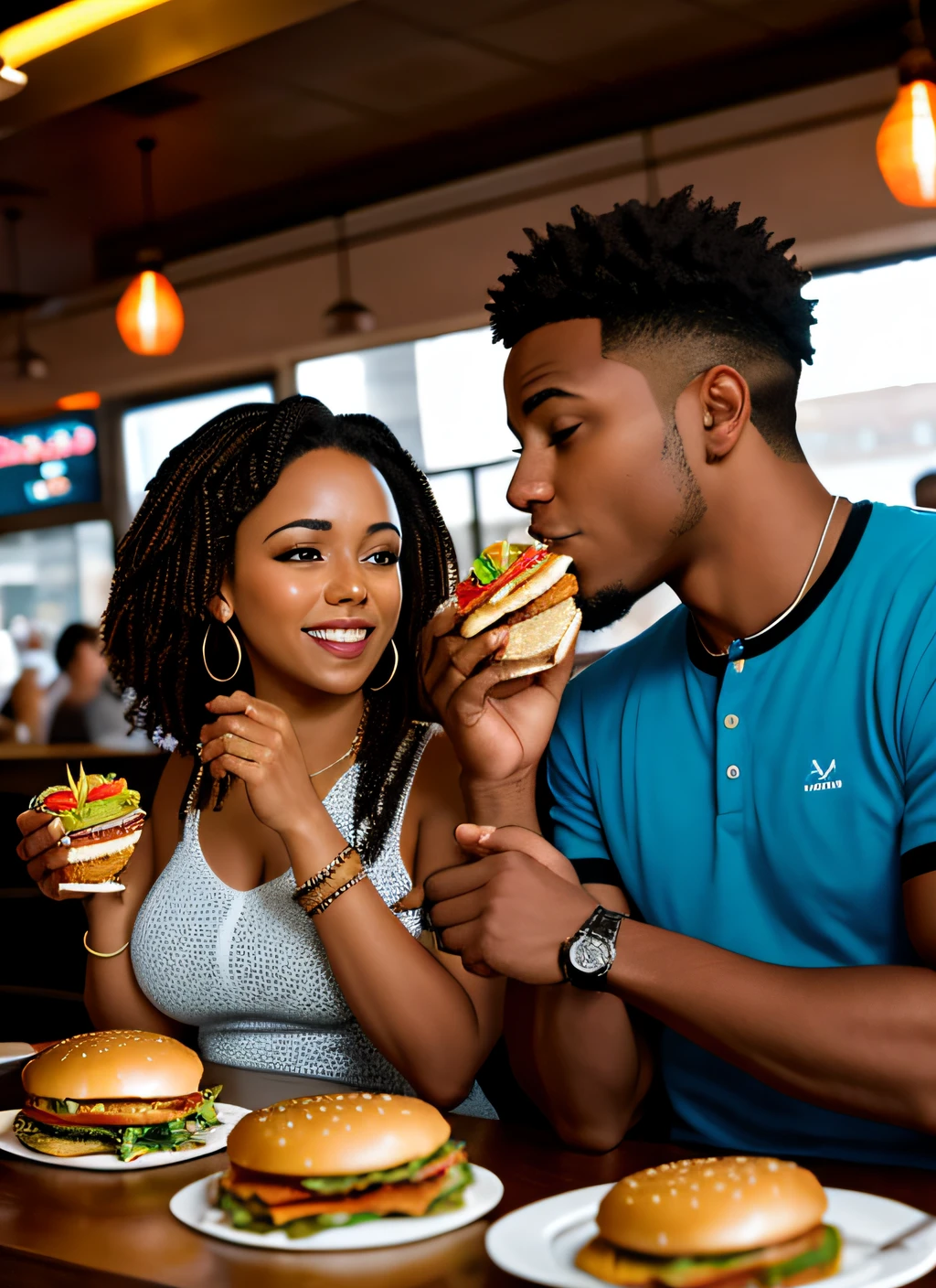 A young African-American man and an African-American woman are eating a hamburger sandwich at a restaurant together, comer una hamburguesa, comer hamburguesas, comer carne, comer una hamburguesa con queso, comer una hamburguesa, Shutterstock, People are eating, Fast Food Review, por Joe Bowler, delicioso, Los amantes comen, por Matt Cavotta, Primer plano en la comida, personas dentro comiendo, Servir hamburguesas, Having an awkward dinner date