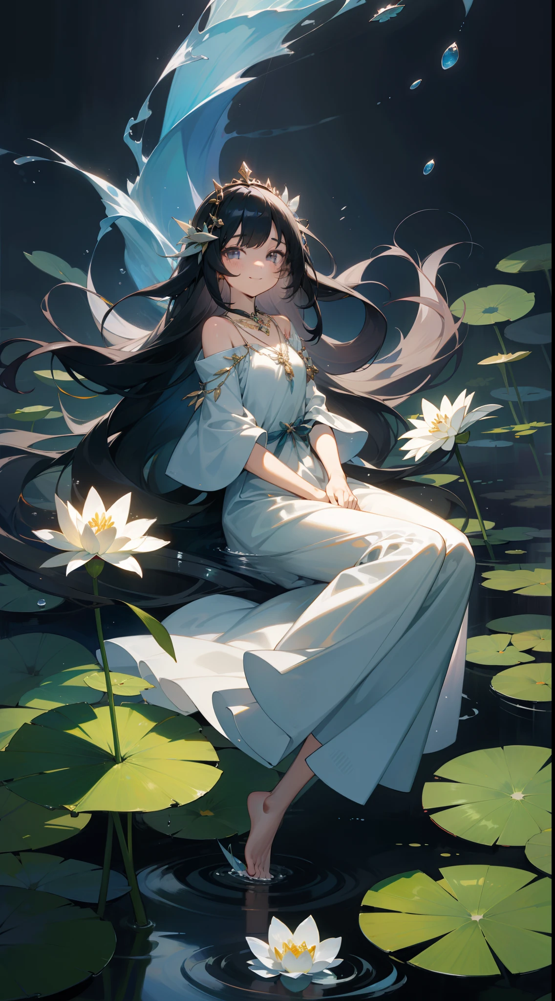 cantata, 1girl in, Cute, Water, Smile, Asian,Focus on Eyes, Head_tilt,Fish, Orion, flowingwater, Lily, Black hair , Floating hair, Long hair, Beautiful long dresses, Skindentation,Gray eyes, Beautifully gorgeous necklace, Strapless ,