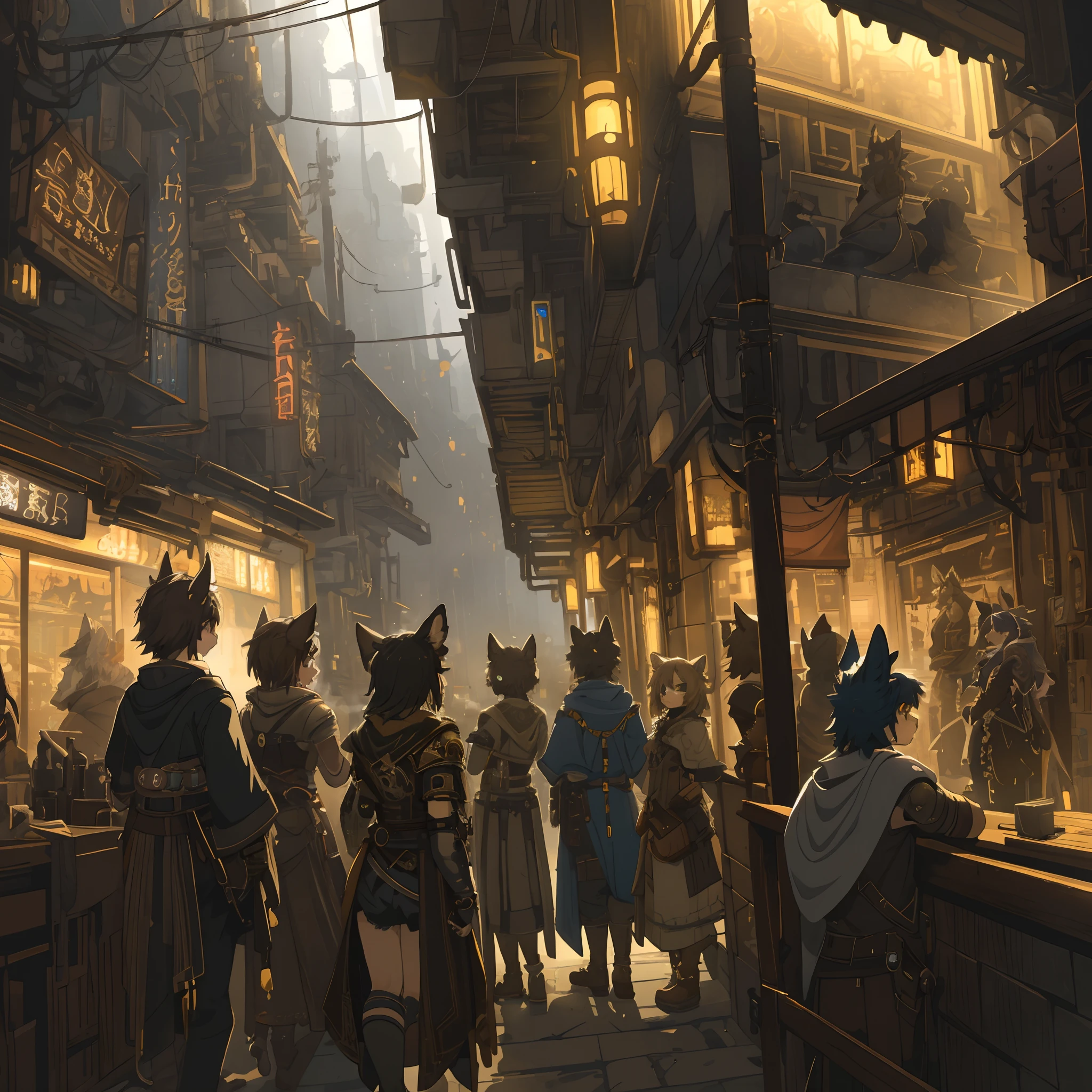 top quality, best quality, High-quality illustrations, masterpiece, super high resolution, detailed background, Dark Fantasy, Cyberpunk, steam punk, 6+boys, 6+girls, absurdres(highly detailed beautiful face and eyes)perfect anatomy, expression, good lighting, cinematic shadow(kemono, furry anthro)assorted poses, dynamic angle, panel layout,