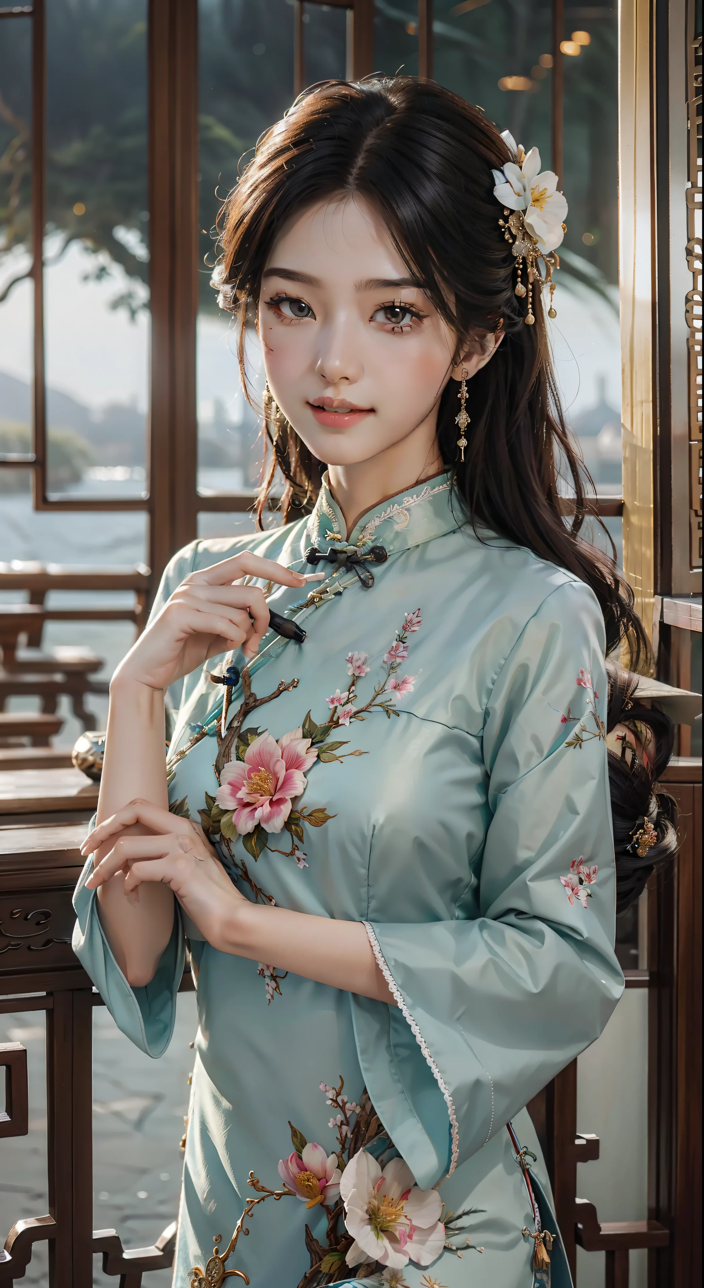 (tmasterpiece,Best quality at best,Beautiful quality,looking at viewert,Detailed lighting,Extremely detailed skin,Extremely detailed hair,Extremely detailed teeth,shadowing,8K:1.2),(photograph of a woman,1girll:1.2),cheongsam:1.2