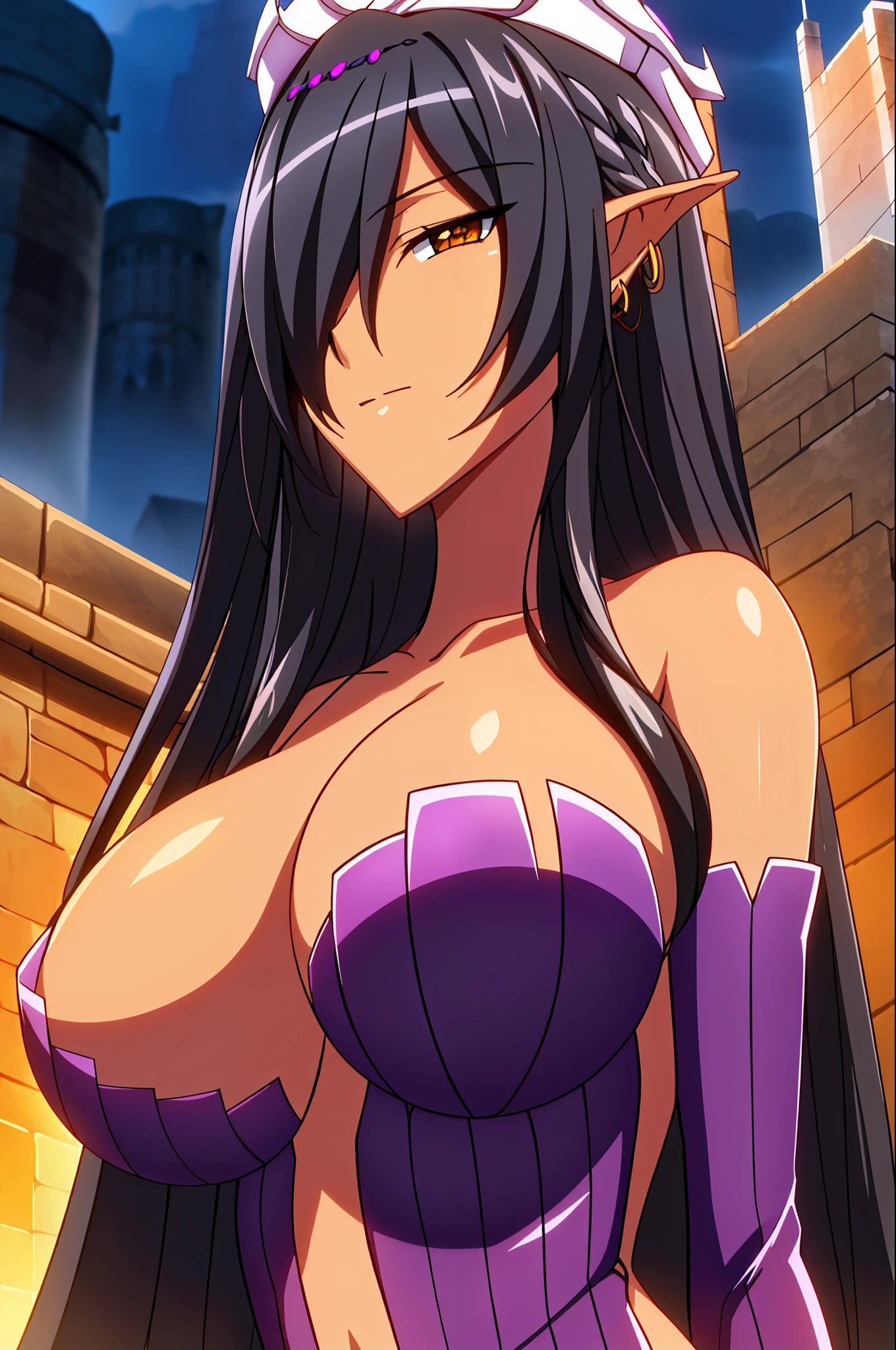 (twilight), a lot of tall Castle,tower,cloudy sky,in the background,
(from_front:1.9),(from_front:1.9),(from_front:1.9),(from_front:1.9),
Standing at attention,on the street,
elbow gloves,bare shoulders,purple outfit,armor,thighhighs,(White_headwear:1.1),
jewelry,long pointy ears,dark-skinned female,dark elf,earrings,
black hair,long hair,hair over one eye,Bangs,orange eyes,
1 girl, 20yo,Young female,Beautiful Finger,Beautiful long legs,Beautiful body,Beautiful Nose,Beautiful character design, perfect eyes, perfect face,expressive eyes,
looking at viewer, (Upper_body),(Focus on her face),
official art,extremely detailed CG unity 8k wallpaper, perfect lighting,Colorful, Bright_Front_face_Lighting,shiny skin, 
(masterpiece:1.0),(best_quality:1.0), ultra high res,4K,ultra-detailed,
photography, 8K, HDR, highres, absurdres:1.2, Kodak portra 400, film grain, blurry background, bokeh:1.2, lens flare, (vibrant_color:1.2)
(Beautiful,large_Breasts:1.4), (beautiful_face:1.5),(narrow_waist),