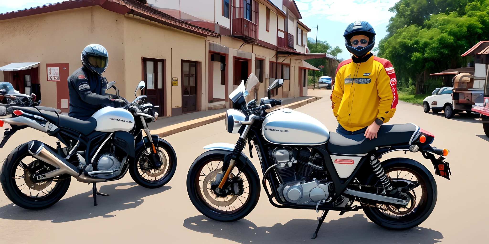 Acting as a plastic painter knowledgeable of the urban life of small towns, chora uma imagem de um jovem motoqueiro, who couldn't smell barbecue, que parava o trabalho, deixava a moto estacionada e ia comer um bom churrasco de espeto com farinha amarela.