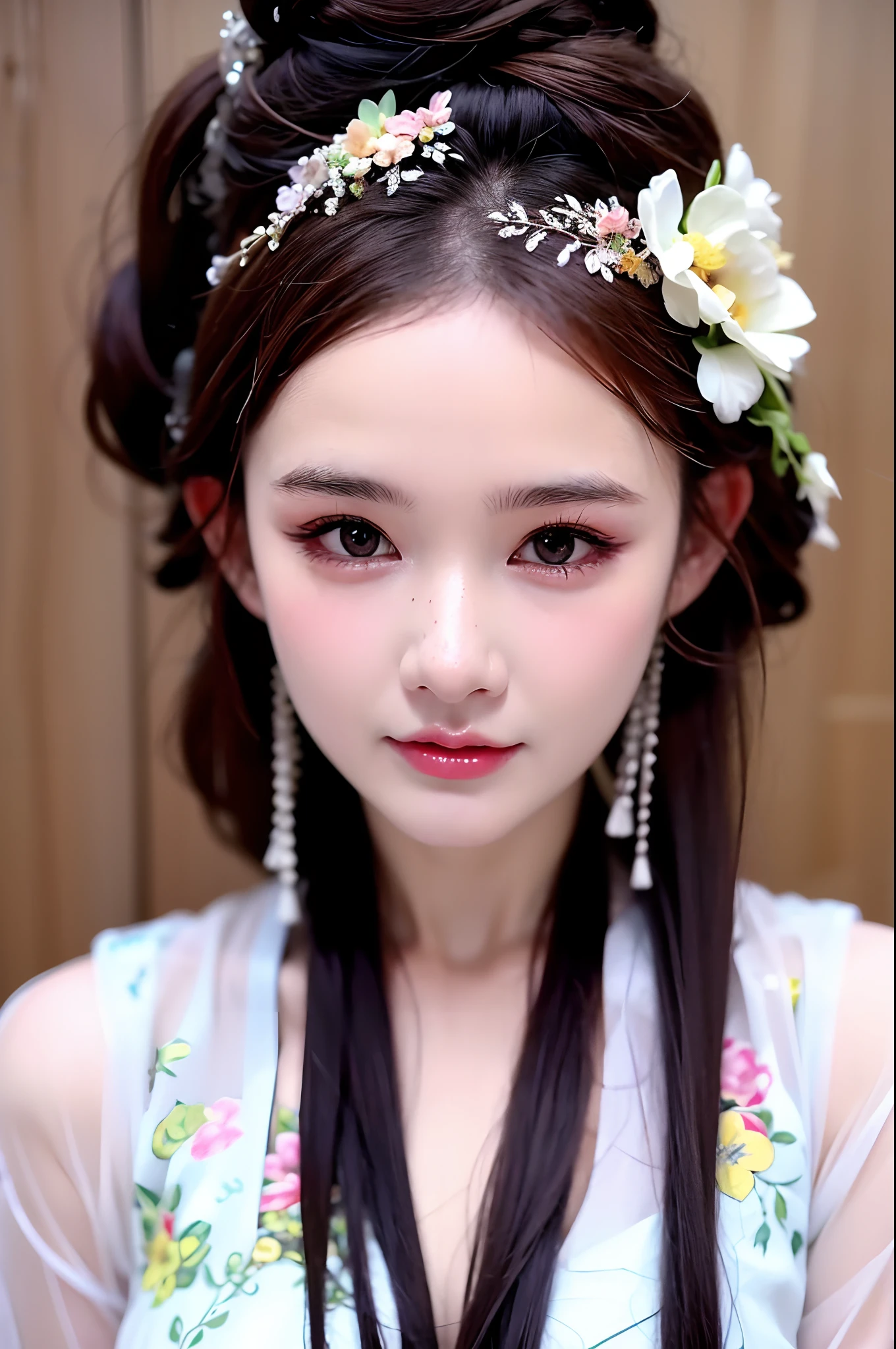 1 realistically beautiful girl, waist length hair, black eyes, ancient Ao Dai, style hanfu, wearing a thin silk shirt of ancient China, pink and smooth white skin, wearing a discreet ancient style ao dai, appears shoulders and head in the photo,cute little face, eye bags under wet makeup, plump red lips, pout, mouth shut, embarrassed, small face makeup detailed and very beautifull, The breasts are super round and tight, breast augmentation, blum boobs, Cover the girl's chest with a camisole inside, blush, from front, wear earrings, necklaces, from above, looking at viewer, upturned eyes, full body, masterpiece, top quality, best quality, official art, unity 8k wallpaper, highres, ultra-high res, ultra-detailed, (photorealistic:1.2), alone, solo, Only 1 girl, style hanfu Dunhuang, 10x pixels, super realistic, ultra high quality, full body view of the girl, upper body,