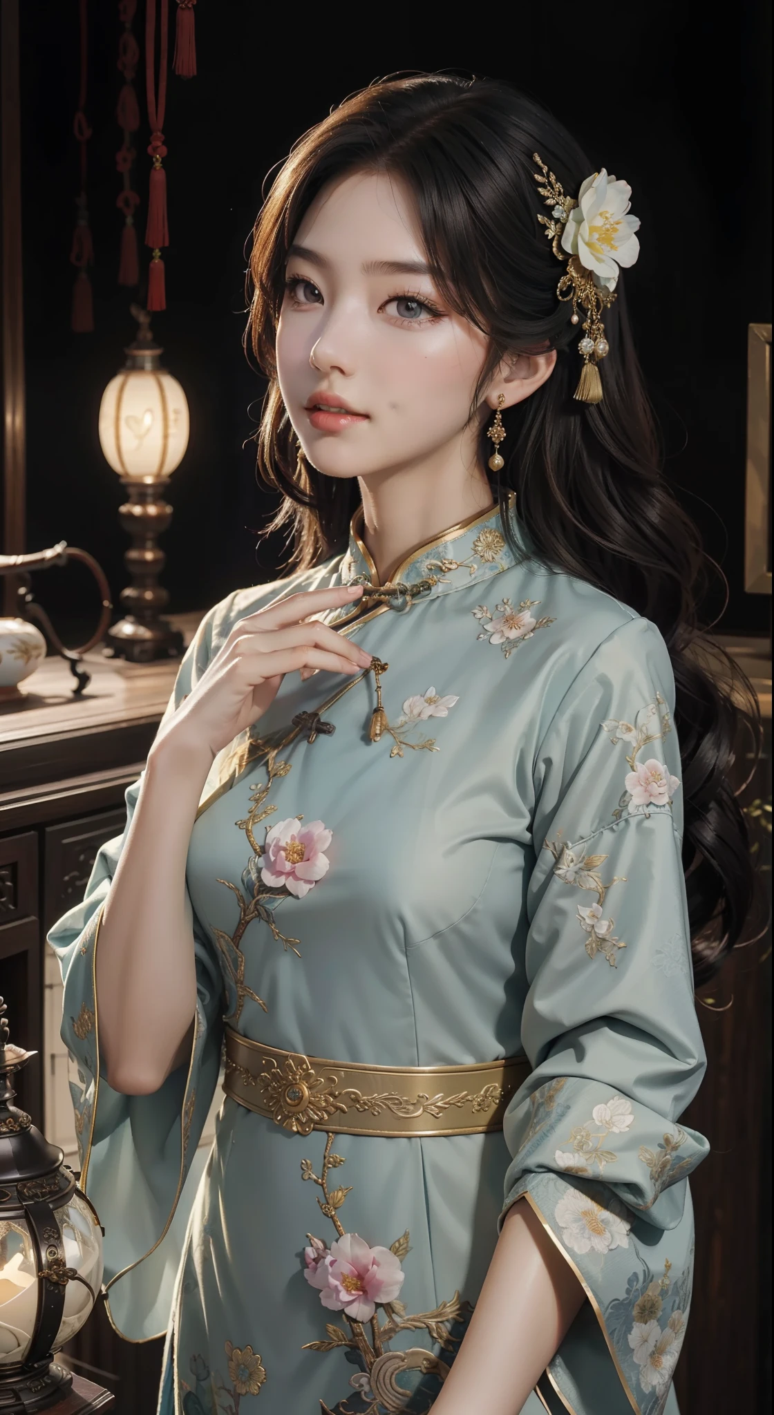 （tmasterpiece，Best quality at best，Beautiful quality，looking at viewert，Detailed lighting，Extremely detailed skin，Extremely detailed hair，Extremely detailed teeth，shadowing，8K：1.2），（photograph of a woman，1girll：1.2），cheongsam:0.8