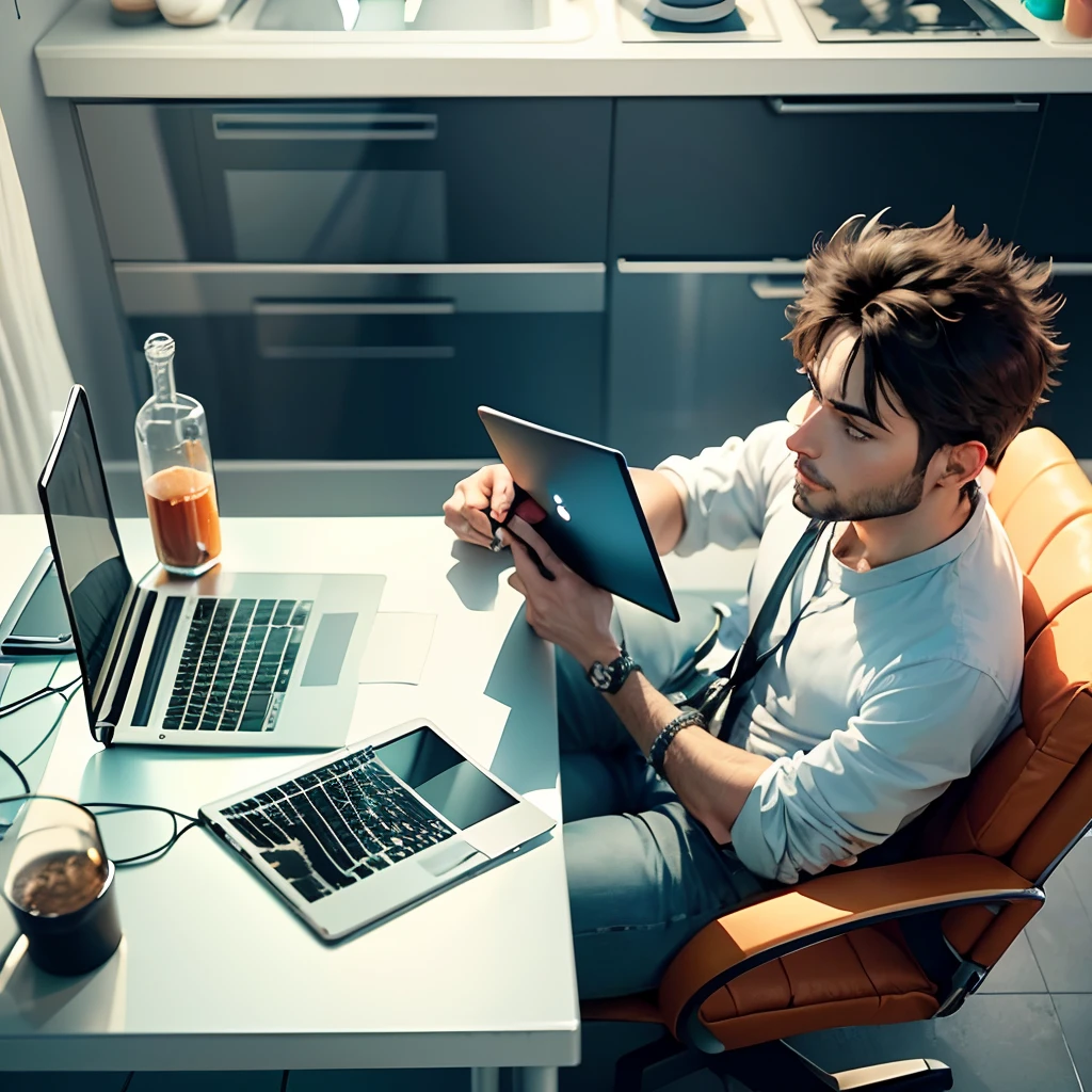 Flat 2D illustration of a man using a laptop on a table, in his home, sitting on a chair, minimalistic, vector art, white background, white space –ar 16:9 --auto --s2