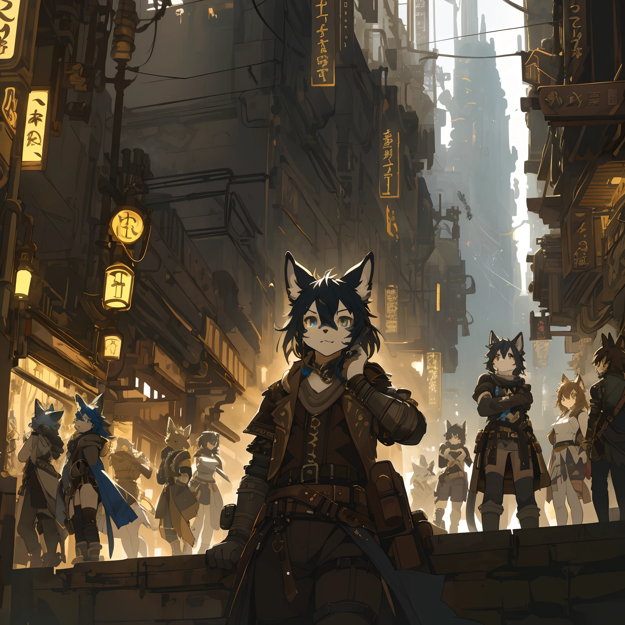 top quality, best quality, High-quality illustrations, masterpiece, super high resolution, detailed background, Dark Fantasy, Cyberpunk, steam punk, 6+boys, 6+girls, absurdres(highly detailed beautiful face and eyes)perfect anatomy, expression, good lighting, cinematic shadow(kemono, furry anthro)assorted poses, dynamic angle, panel layout,