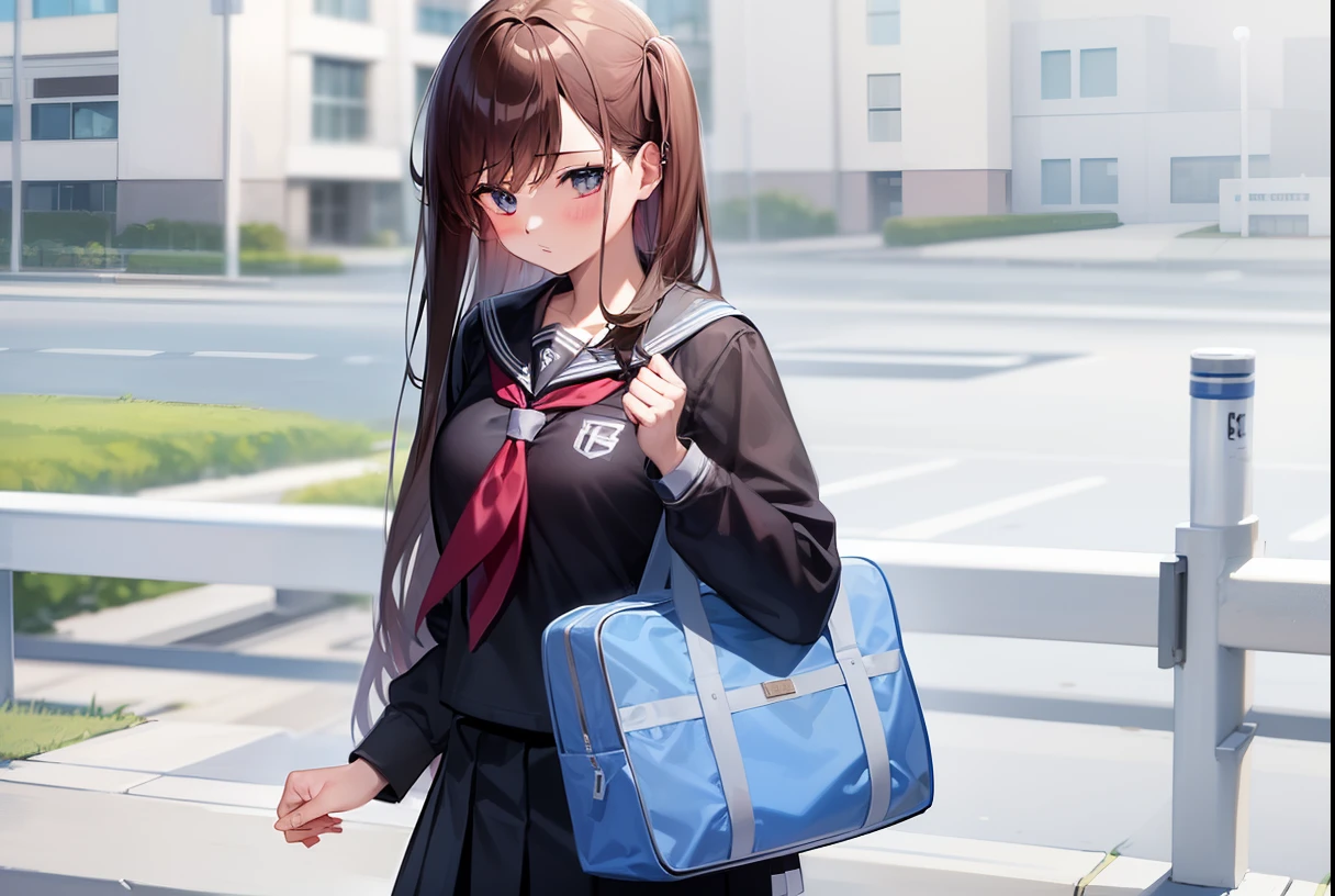 Masterpiece, 2d, hd, high quality, 1girl, anime effect, highschool girl, school uniform, holding, school bag