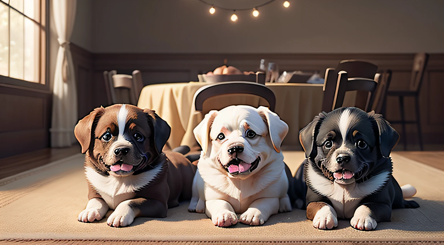 3 puppies all different colors and types are over joyed because of thanksgiving, turkey, big room, nice table, beautiful, real photo, realistic, the puppies are looking at the turkey