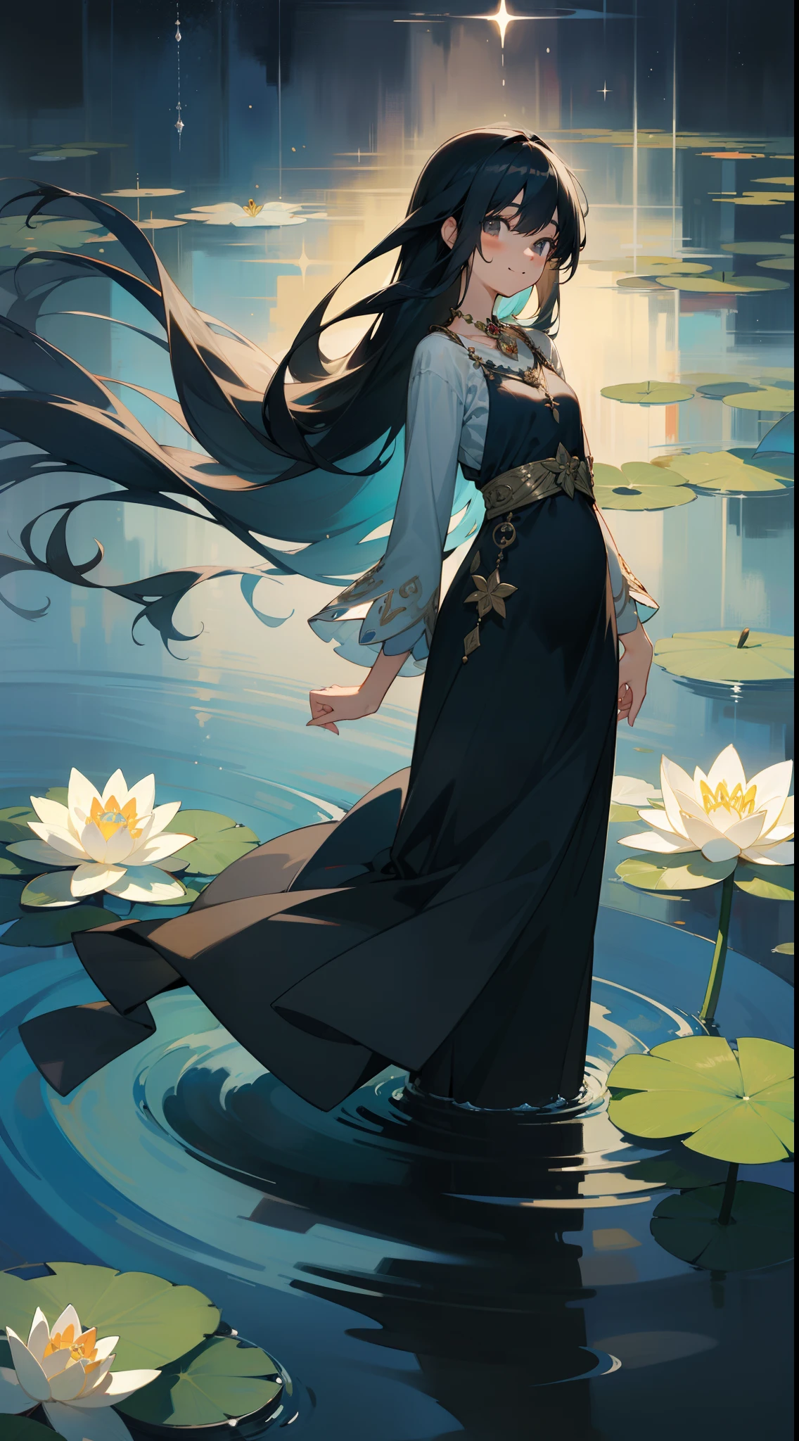 cantata, 1girl in, Cute, Water, Smile, Asian,Focus on Eyes, Head_tilt,Fish, Orion, flowingwater, Lily, Black hair , Floating hair, Long hair, Beautiful long dresses, Skindentation,Gray eyes, Beautifully gorgeous necklace, Strapless ,