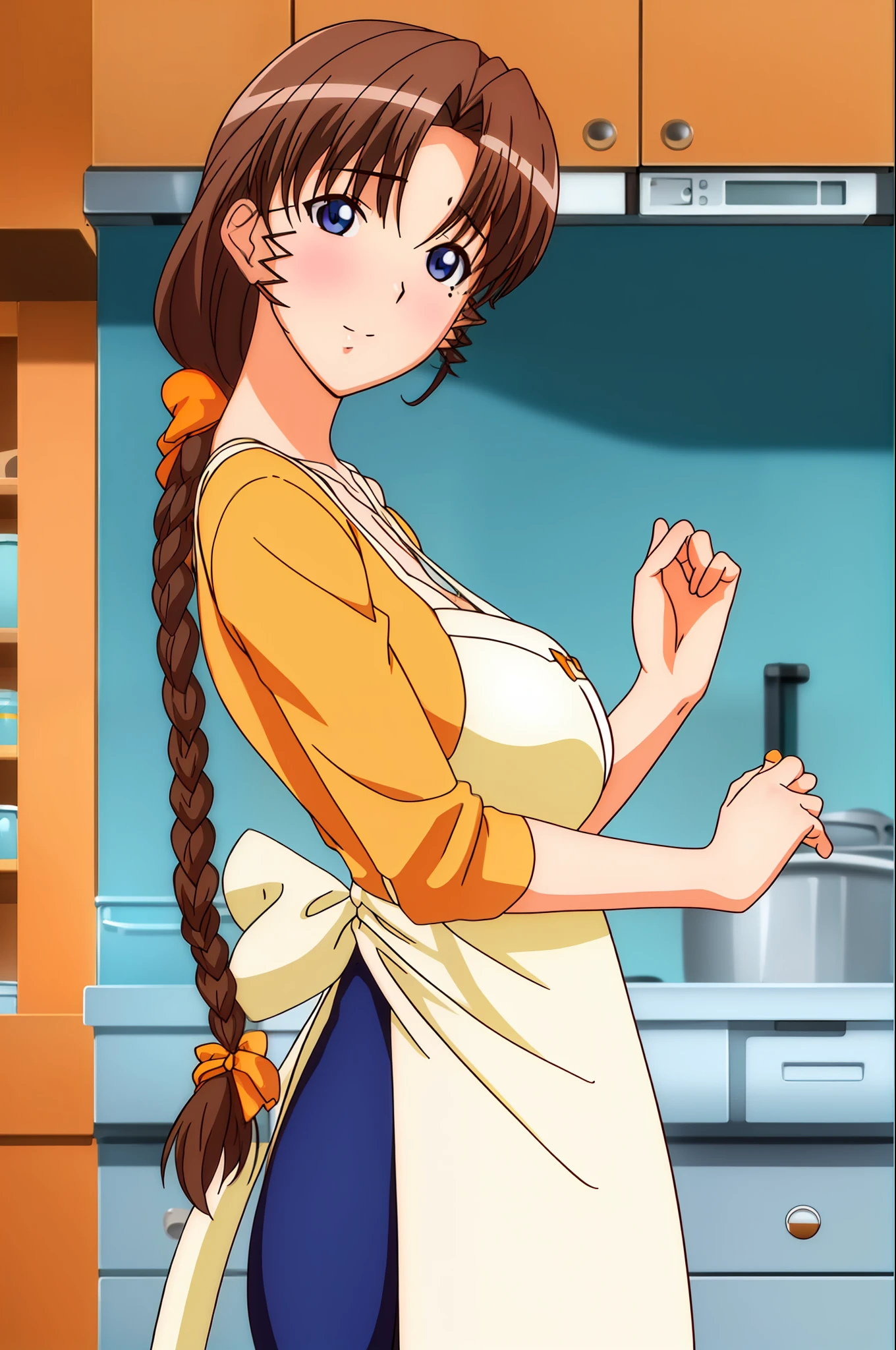 indoors, in a kitchen,
Standing on the floor,
apron, collarbone, (Yellow_shirt),
bangs, Brown Hair, Blue eyes,single braid, Orange hair ribbon, 
1 girl, 20yo,Young female,Beautiful Finger,Beautiful long legs,Beautiful body,Beautiful Nose,Beautiful character design, perfect eyes, perfect face,expressive eyes,
looking at viewer, in the center of the image,(Upper_body),(Focus on her face),
official art,extremely detailed CG unity 8k wallpaper, perfect lighting,Colorful, Bright_Front_face_Lighting,shiny skin,
(masterpiece:1.0),(best_quality:1.0), ultra high res,4K,ultra-detailed,
photography, 8K, HDR, highres, absurdres:1.2, Kodak portra 400, film grain, blurry background, bokeh:1.2, lens flare, (vibrant_color:1.2)
(Beautiful,Breasts), (beautiful_face:1.5),(narrow_waist),