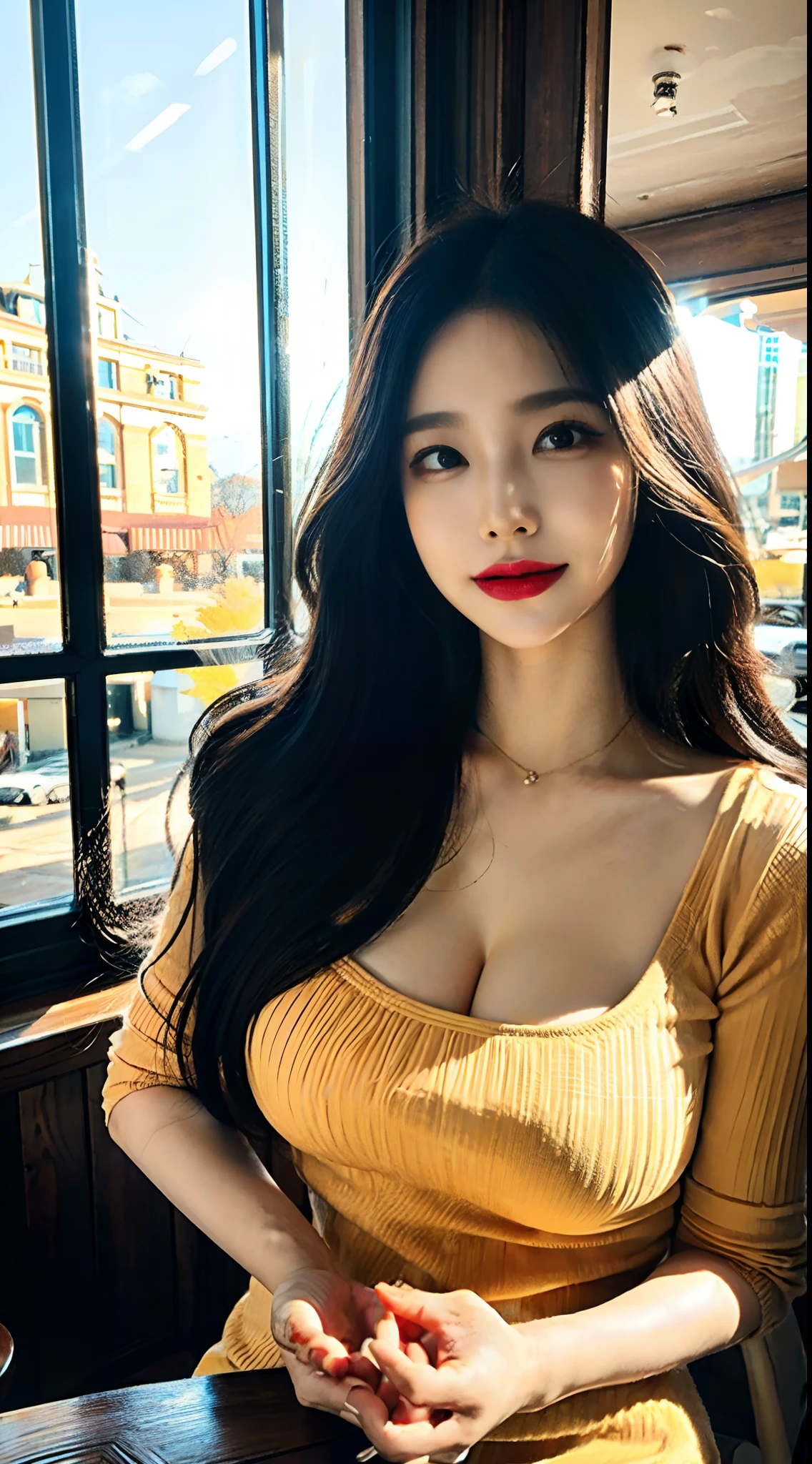 Realistically, as a masterpiece of the highest quality, the woman behind the large window in the warm sunlight pouring in from a downtown café, in a lively and toxic style, with an emphasis on expressiveness, a look of devotion.
