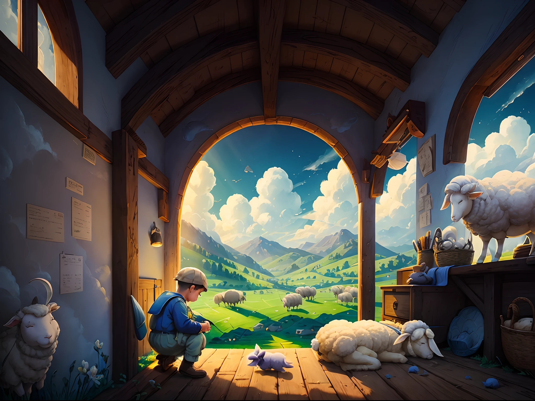 pecora、(Shepherd Boy:1.3)、Sheep sleeping on a full stomach、Flaxen sky、Pasture、School, play, A clear day, Natural light, Show, Pixar style, 8K, master piece, Amazing illumination