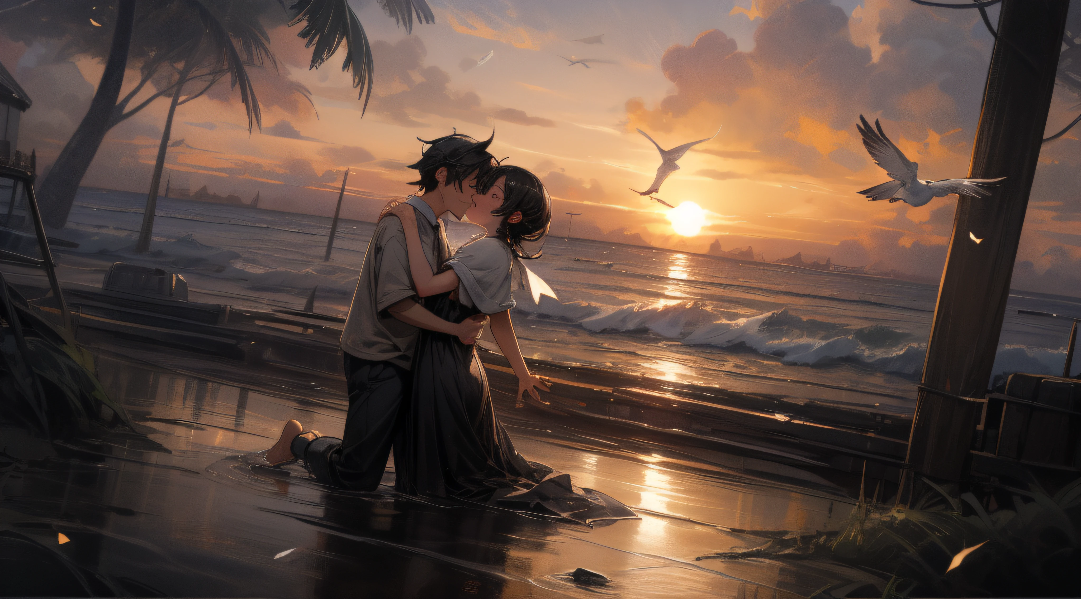 An absolutely mesmerizing sunset on the beach with a mix of orange, pink and yellow in the sky. The water is crystal clear, gently kissing the shore, and the white sand beach stretches as far as the eye can see. The scene is dynamic and breathtaking, with seagulls soaring high in the sky and palm trees gently swaying. Soak up the calm atmosphere and let the tranquility envelope.