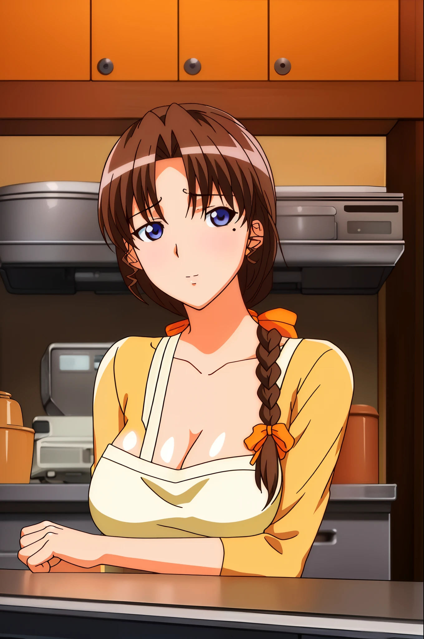 indoors, in a kitchen,
Standing on the floor,
apron, collarbone, (Yellow_shirt),
bangs, Brown Hair, Blue eyes,single braid, Orange hair ribbon, 
1 girl, 20yo,Young female,Beautiful Finger,Beautiful long legs,Beautiful body,Beautiful Nose,Beautiful character design, perfect eyes, perfect face,expressive eyes,
looking at viewer, in the center of the image,(Upper_body),(Focus on her face),
official art,extremely detailed CG unity 8k wallpaper, perfect lighting,Colorful, Bright_Front_face_Lighting,shiny skin,
(masterpiece:1.0),(best_quality:1.0), ultra high res,4K,ultra-detailed,
photography, 8K, HDR, highres, absurdres:1.2, Kodak portra 400, film grain, blurry background, bokeh:1.2, lens flare, (vibrant_color:1.2)
(Beautiful,Breasts), (beautiful_face:1.5),(narrow_waist),