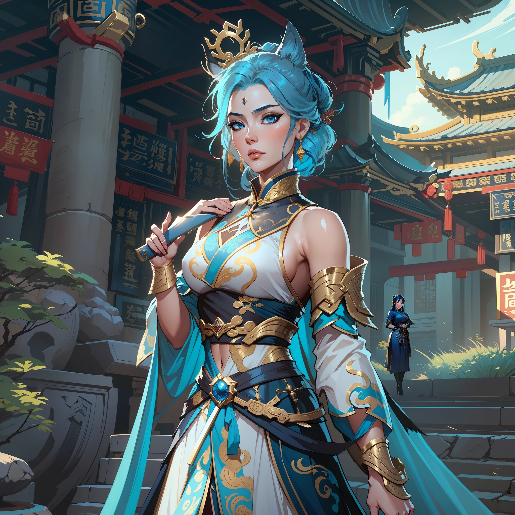 a close up of a short amazon woman in her 30's, with blue eyes and ocean blue hair, wearing a blue and black victorian ballgown dress, an empress with blue eyes, female swordswoman, chinese princess, standing in a chinese temple, new costume concept design, in the style of blade and soul, full body character concept, detailed character design, inspired by Yang Jin, inspired by Li Mei-Shu, lunar themed attire, costume with gold accents, inspired by Ju Lian, colored concept art, highly detailed character design, highly detailed face, inspired by Ai Xuan, very highly detailed face, unreal engine render, final fantasy 14 style