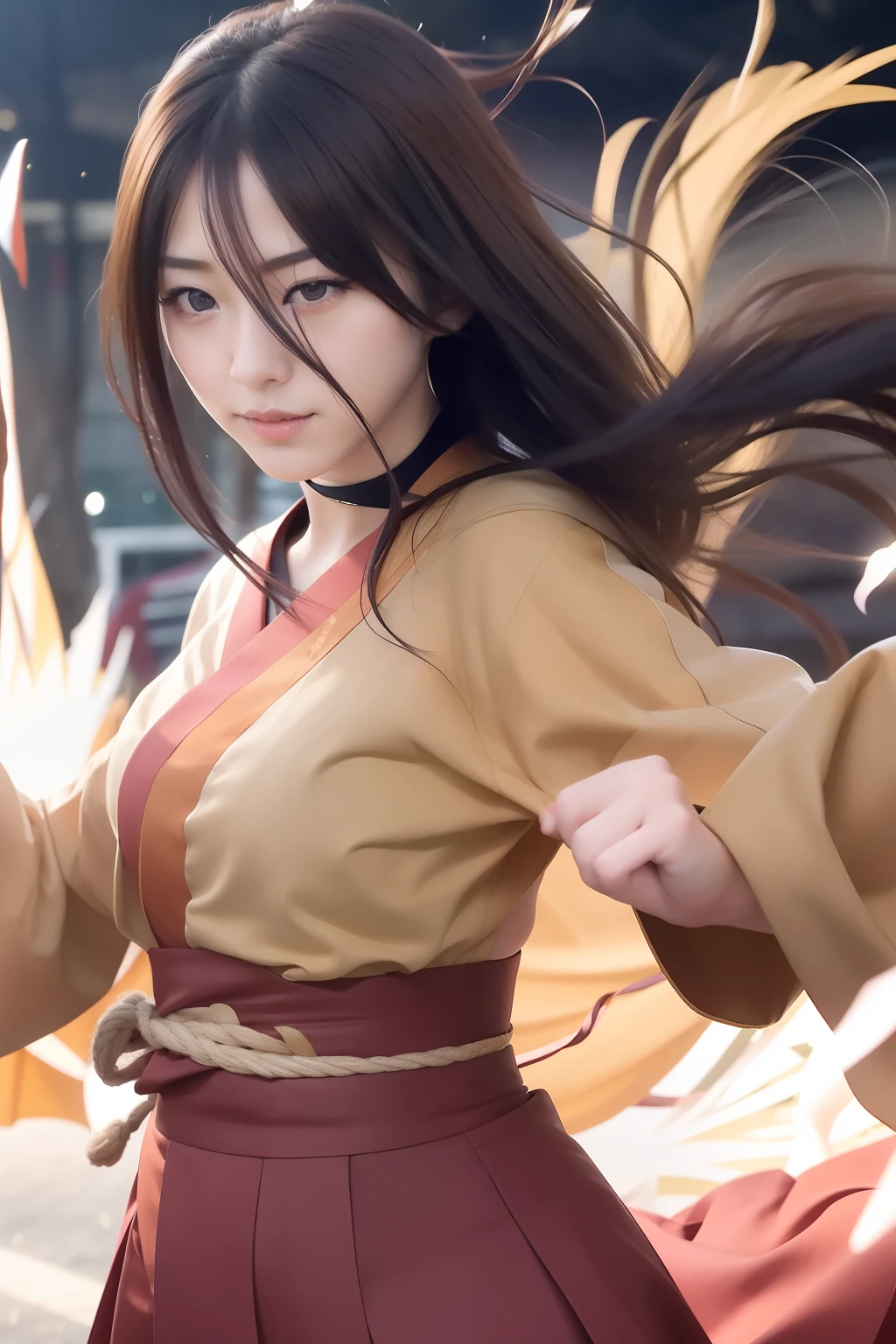 Hanabi hyuga A woman. Wearing a dark yellow kimono. Under a red skirt. Such white skin. And his hair was long and straight brown. It was exposed by the wind. He looked intently at the camera. And look so beautiful and realistic