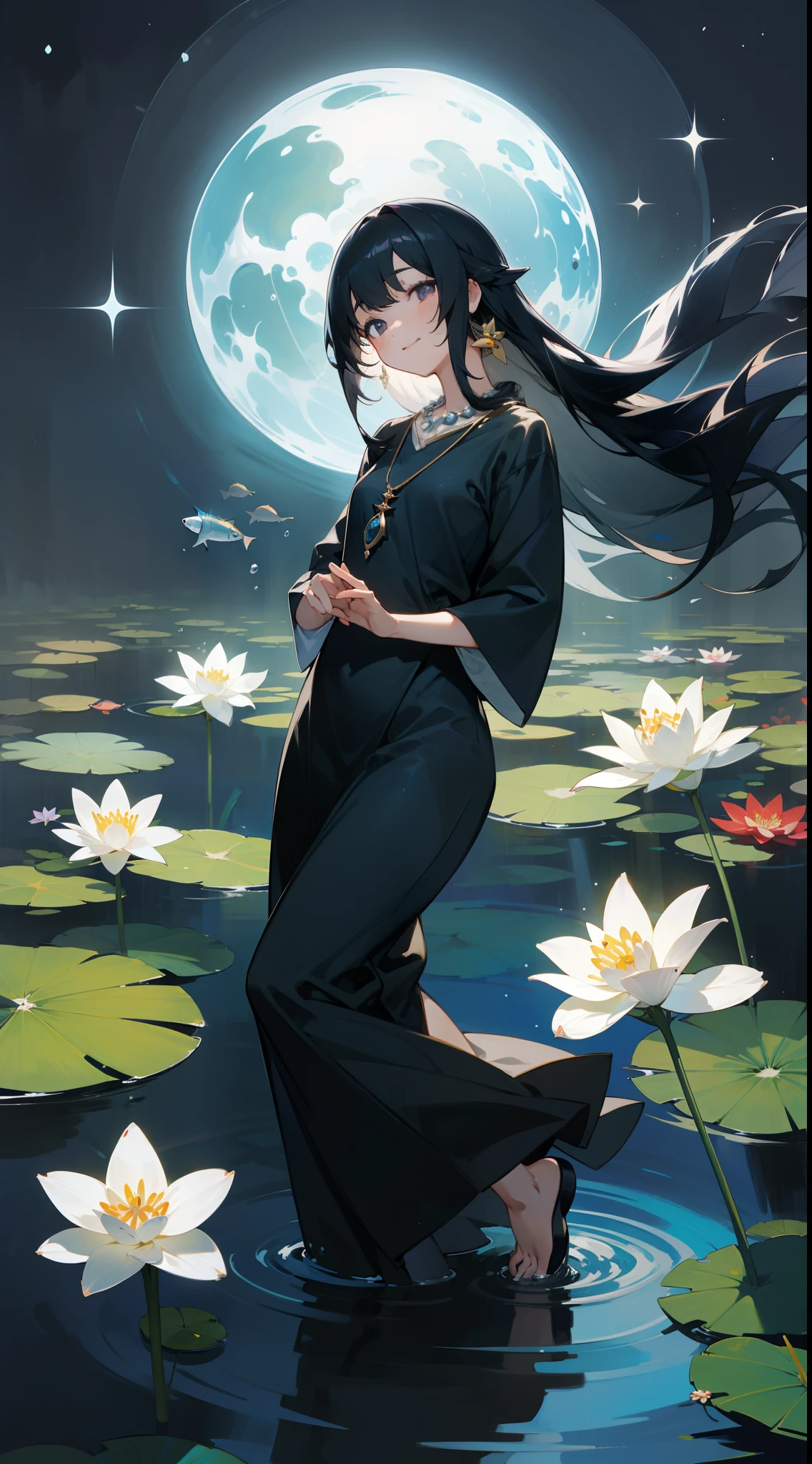 cantata, 1girl in, Cute, Water, Smile, Asian,Focus on Eyes, Head_tilt,Fish, Orion, flowingwater, Lily, Black hair , Floating hair, Long hair, Beautiful long dresses, Skindentation,Gray eyes, Beautifully gorgeous necklace, Strapless ,