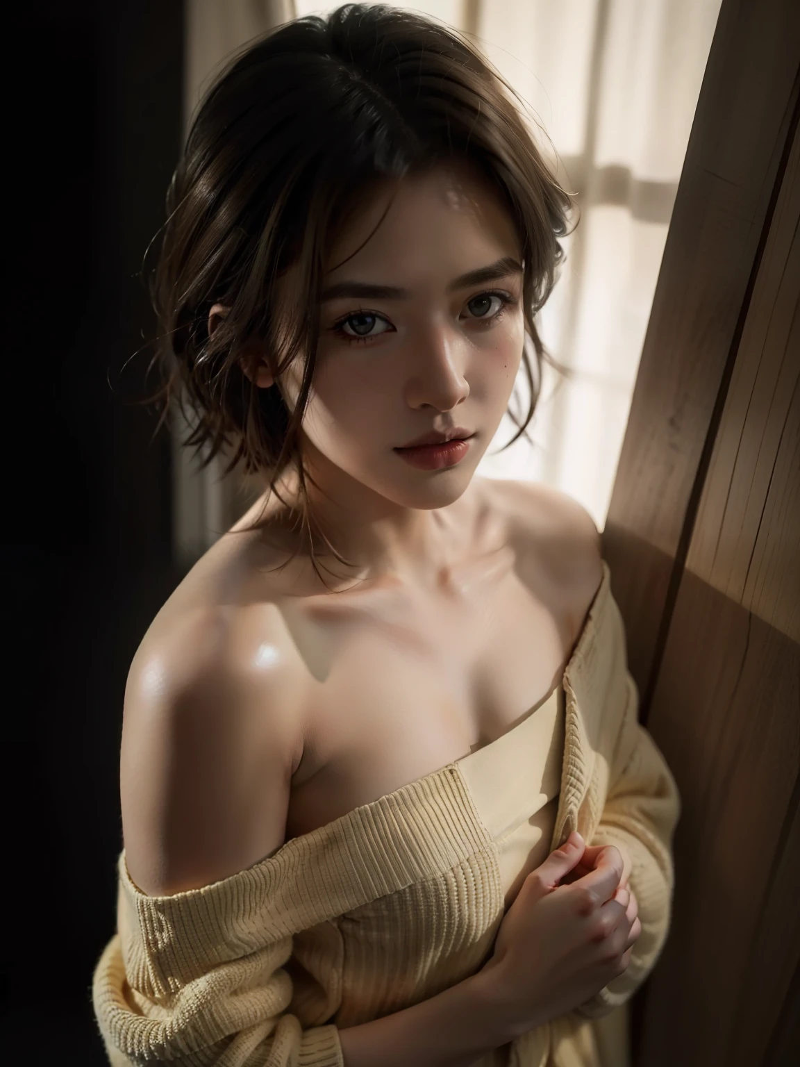 Best quality, masterpiece, ultra high res, (photorealistic:1.5), raw photo, 1girl, offshoulder, in the dark, deep shadow, low key, cold light, sexy look, short hair