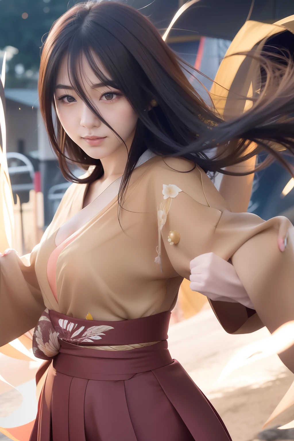 Hanabi hyuga A woman. Wearing a dark yellow kimono. Under a red skirt. Such white skin. And his hair was long and straight brown. It was exposed by the wind. He looked intently at the camera. And look so beautiful and realistic