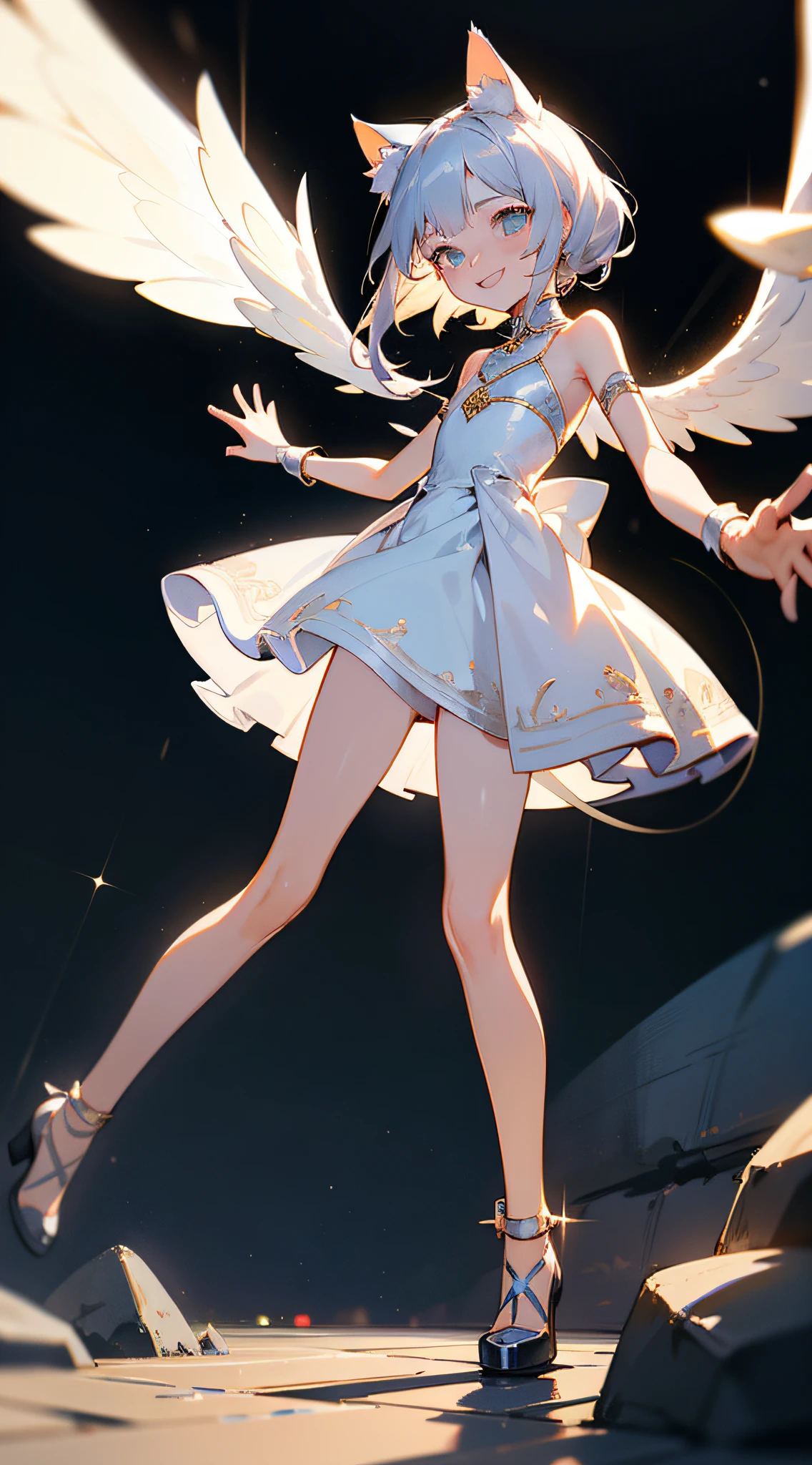 4K Ultra Clear,tmasterpiece,Beautiful 2D style,Night's,A ring that wraps around the back,Kneel on the stone,Petite body,Silver hair,Small chest,Showing the belly,the angel's wings,Wear a dress with a complex texture underneath,It has cat ears on its head,A pale blue aperture floats overhead,smiling expression,Bright background,A lone,Teenage girls in Asia,Perfect 2 arms, Perfect 2 legs,Perfect 4 fingers: 1 thumb, Light light, The sheen, bokeh, super-fine